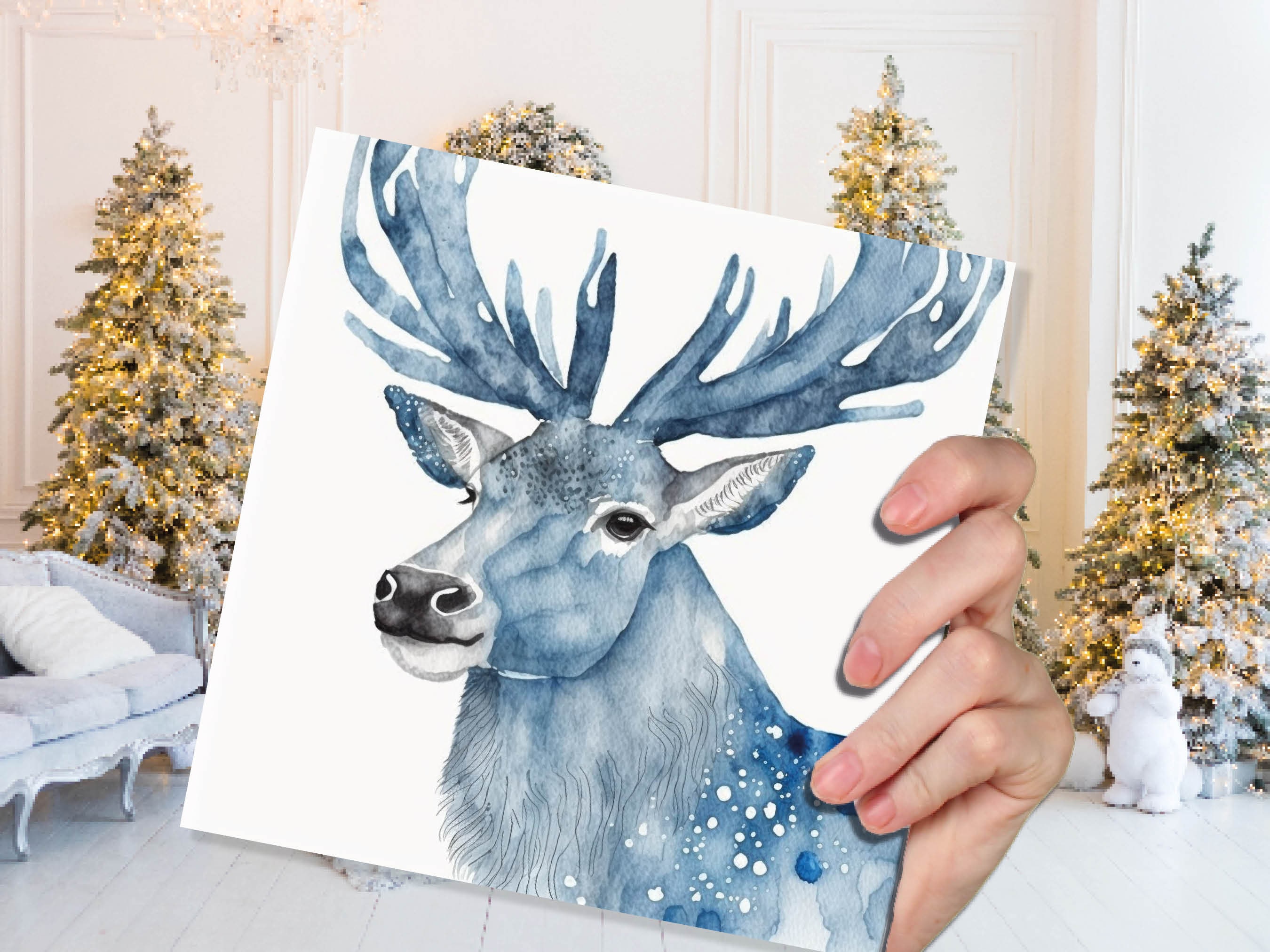 Watercolour Deer Card Blue Painted Winter Reindeer Magical Prussian Blues Elegant Icy Greetings Cards For Family Friends Xmas 2025 Thank You - View 5