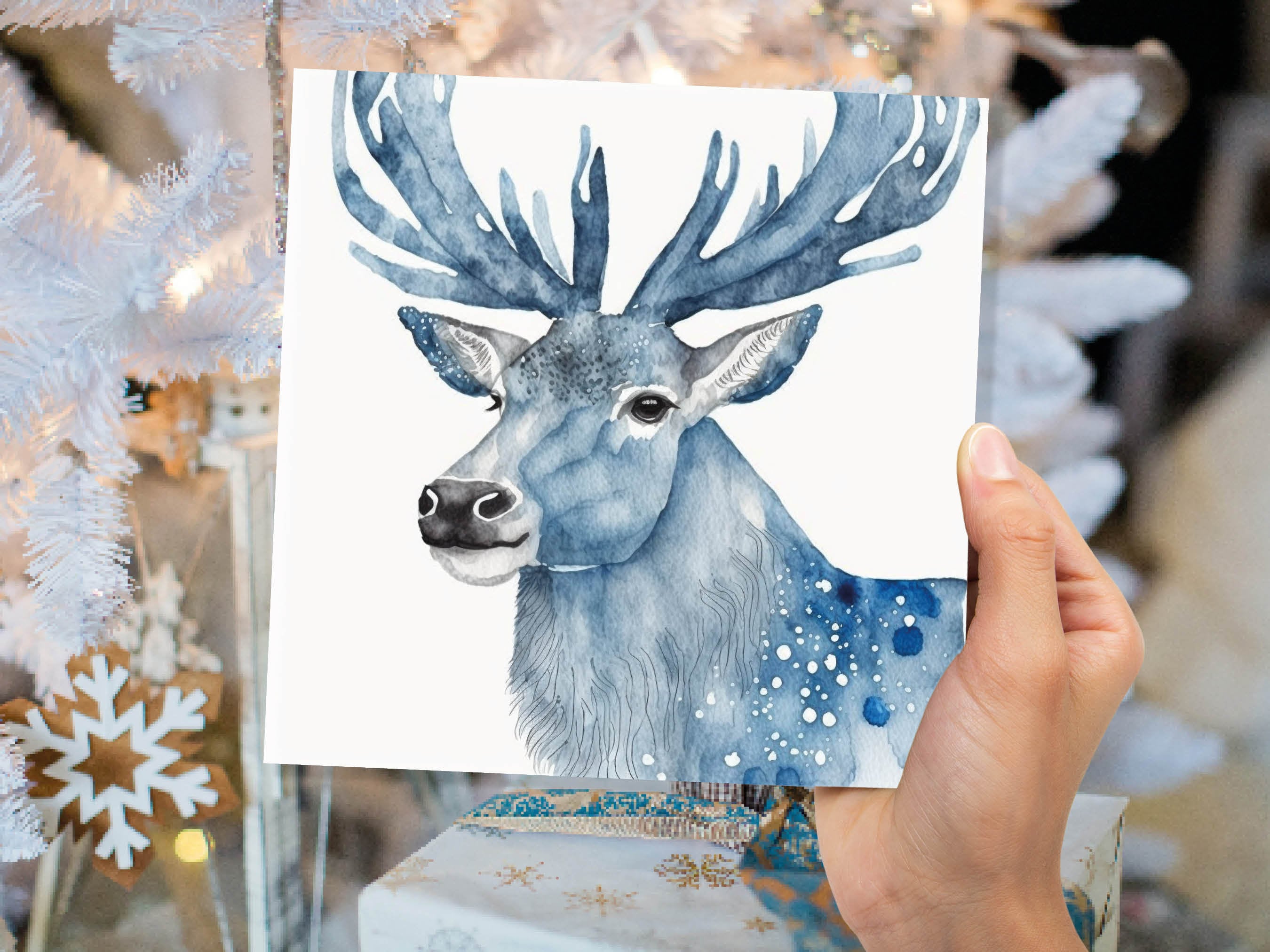 Watercolour Deer Card Blue Painted Winter Reindeer Magical Prussian Blues Elegant Icy Greetings Cards For Family Friends Xmas 2025 Thank You - View 4