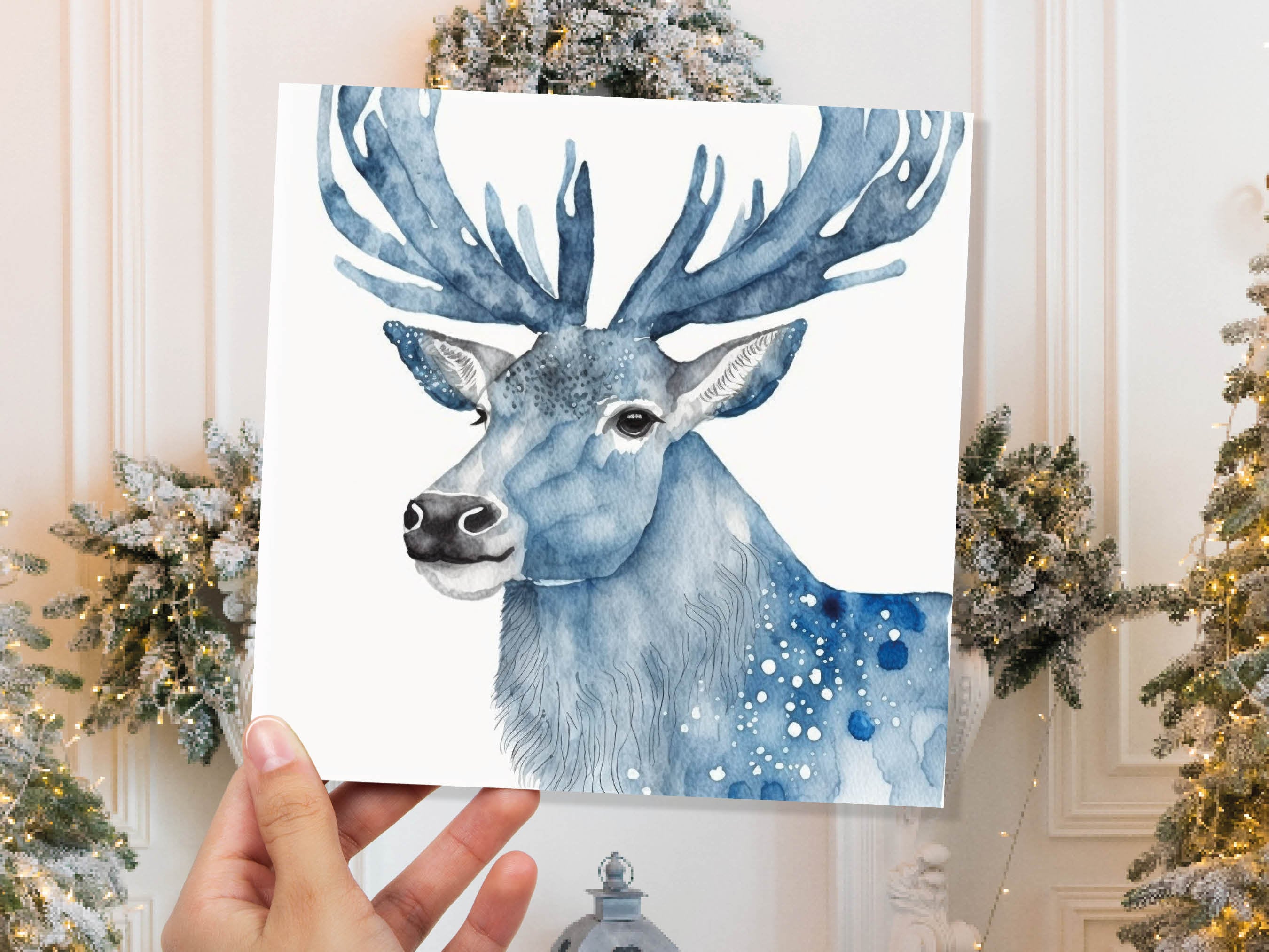 Watercolour Deer Card Blue Painted Winter Reindeer Magical Prussian Blues Elegant Icy Greetings Cards For Family Friends Xmas 2025 Thank You - View 3