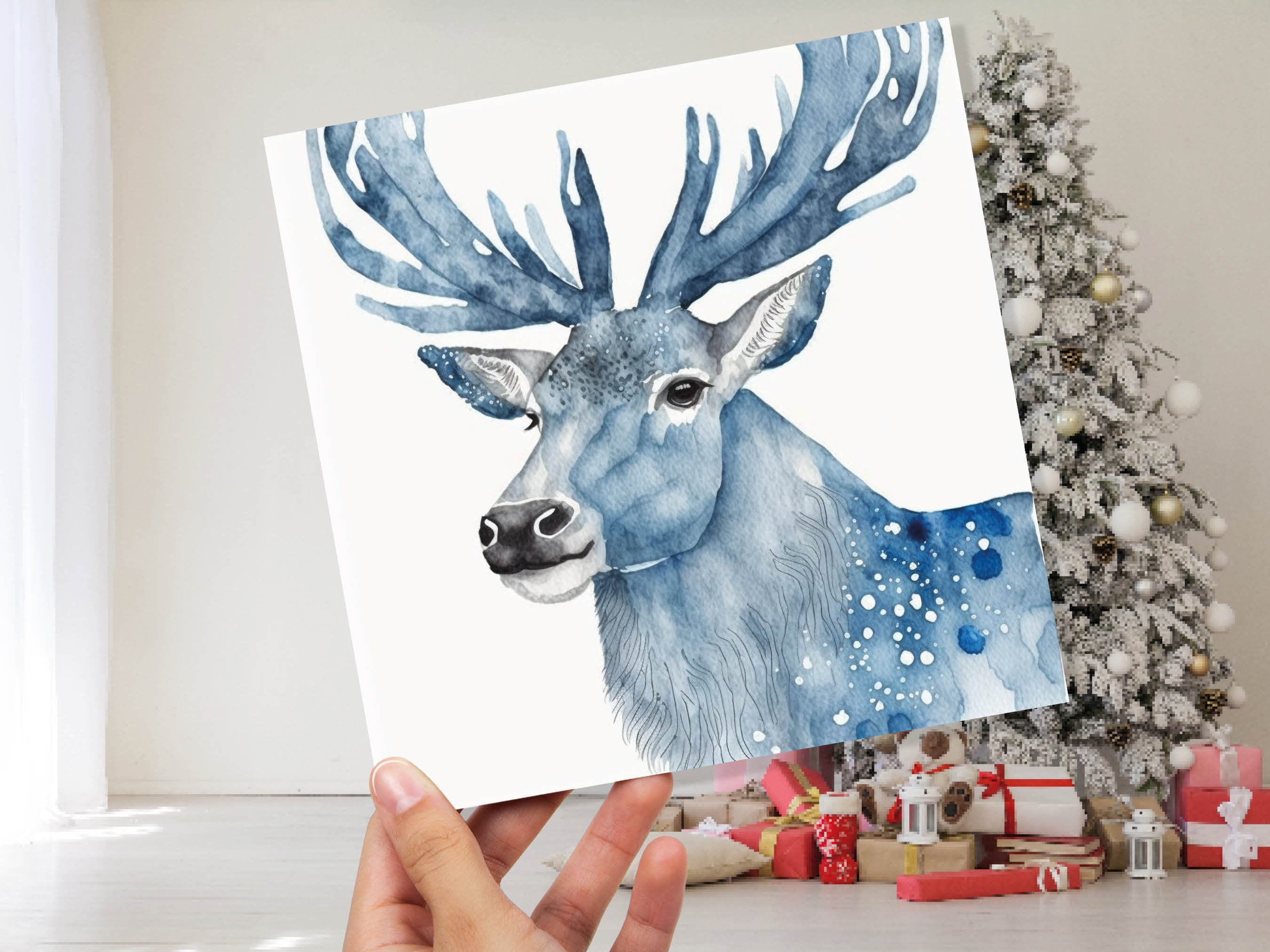 Watercolour Deer Card Blue Painted Winter Reindeer Magical Prussian Blues Elegant Icy Greetings Cards For Family Friends Xmas 2025 Thank You - View 9