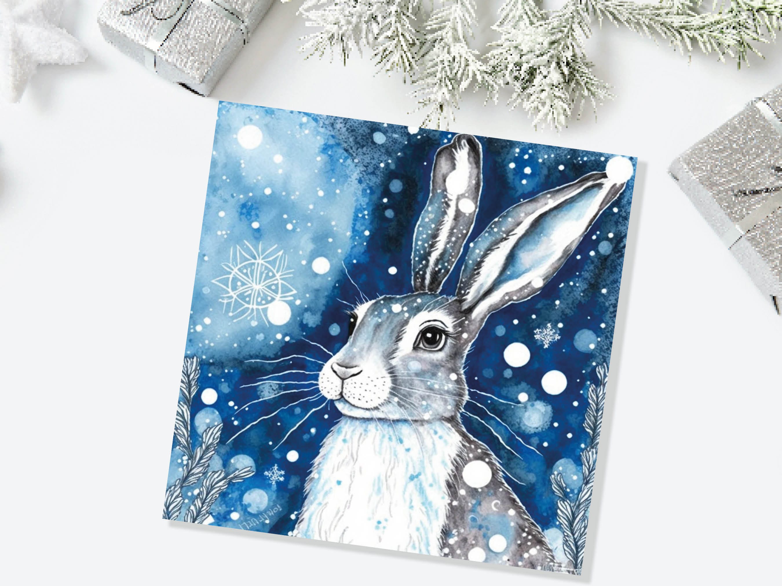Winter Hare Beautiful Greetings Cards Blue Watercolour Snow Scene Snowy Rabbit Nature Landscape Cards For Family Friends Xmas 2025 Thank You - View 5