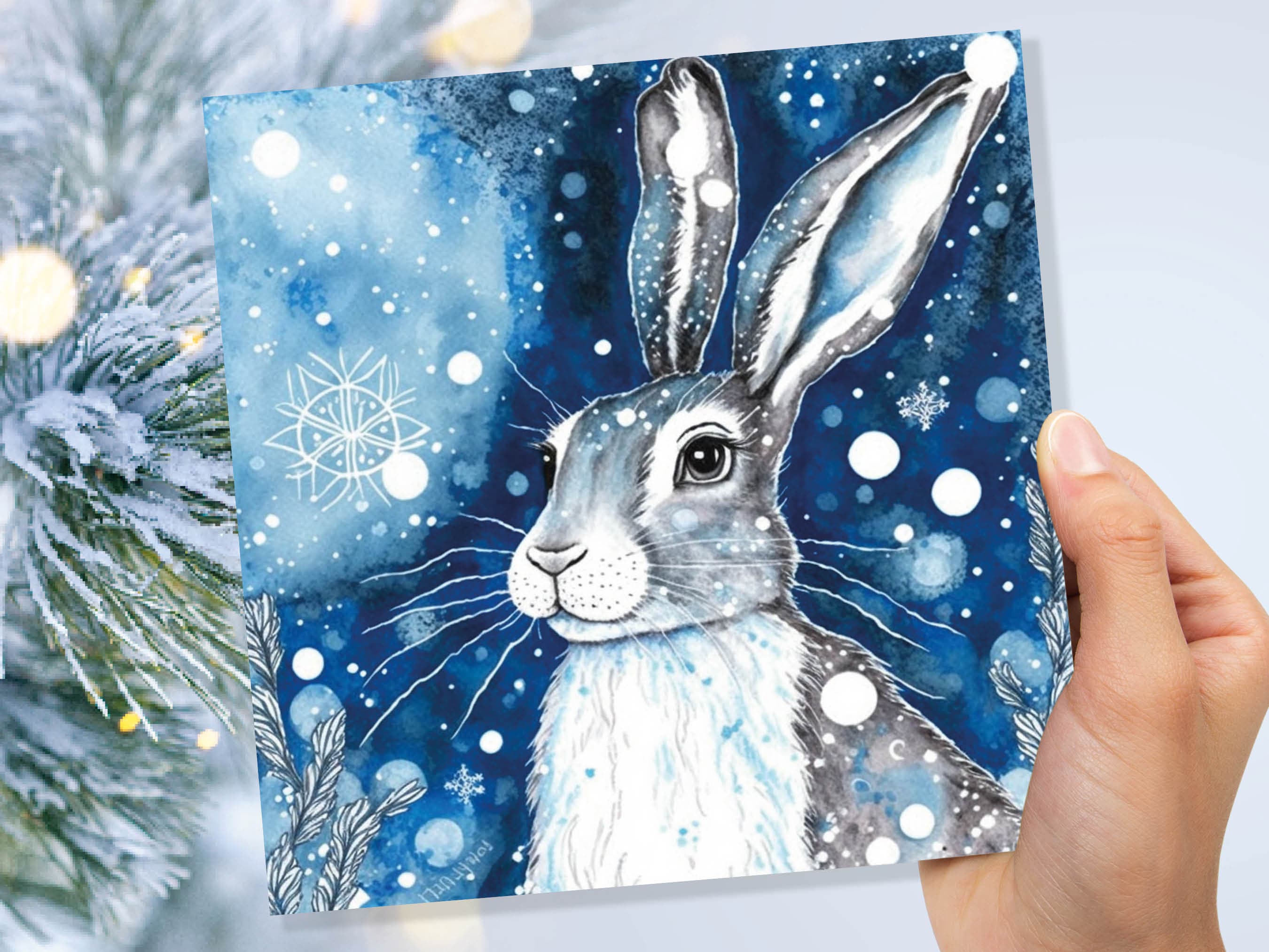 Winter Hare Beautiful Greetings Cards Blue Watercolour Snow Scene Snowy Rabbit Nature Landscape Cards For Family Friends Xmas 2025 Thank You - View 7
