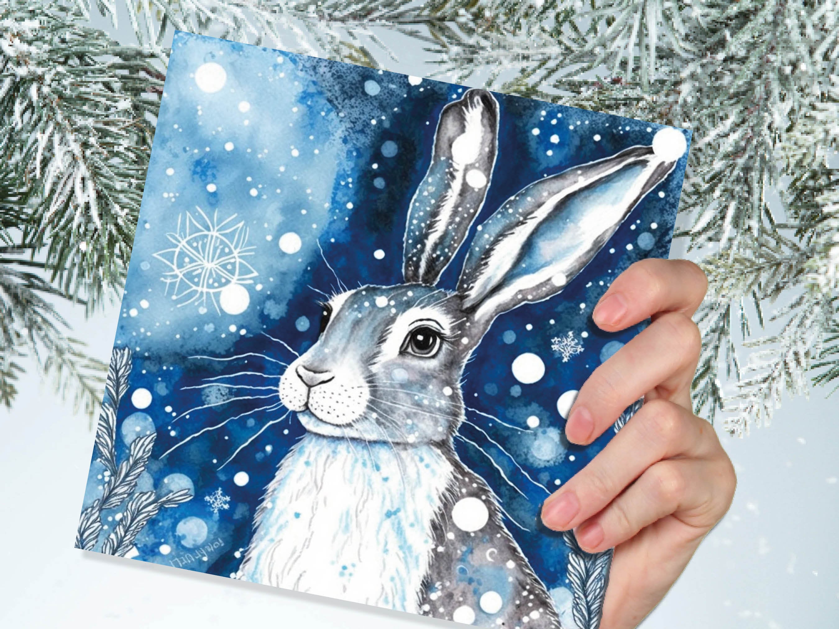 Winter Hare Beautiful Greetings Cards Blue Watercolour Snow Scene Snowy Rabbit Nature Landscape Cards For Family Friends Xmas 2025 Thank You
