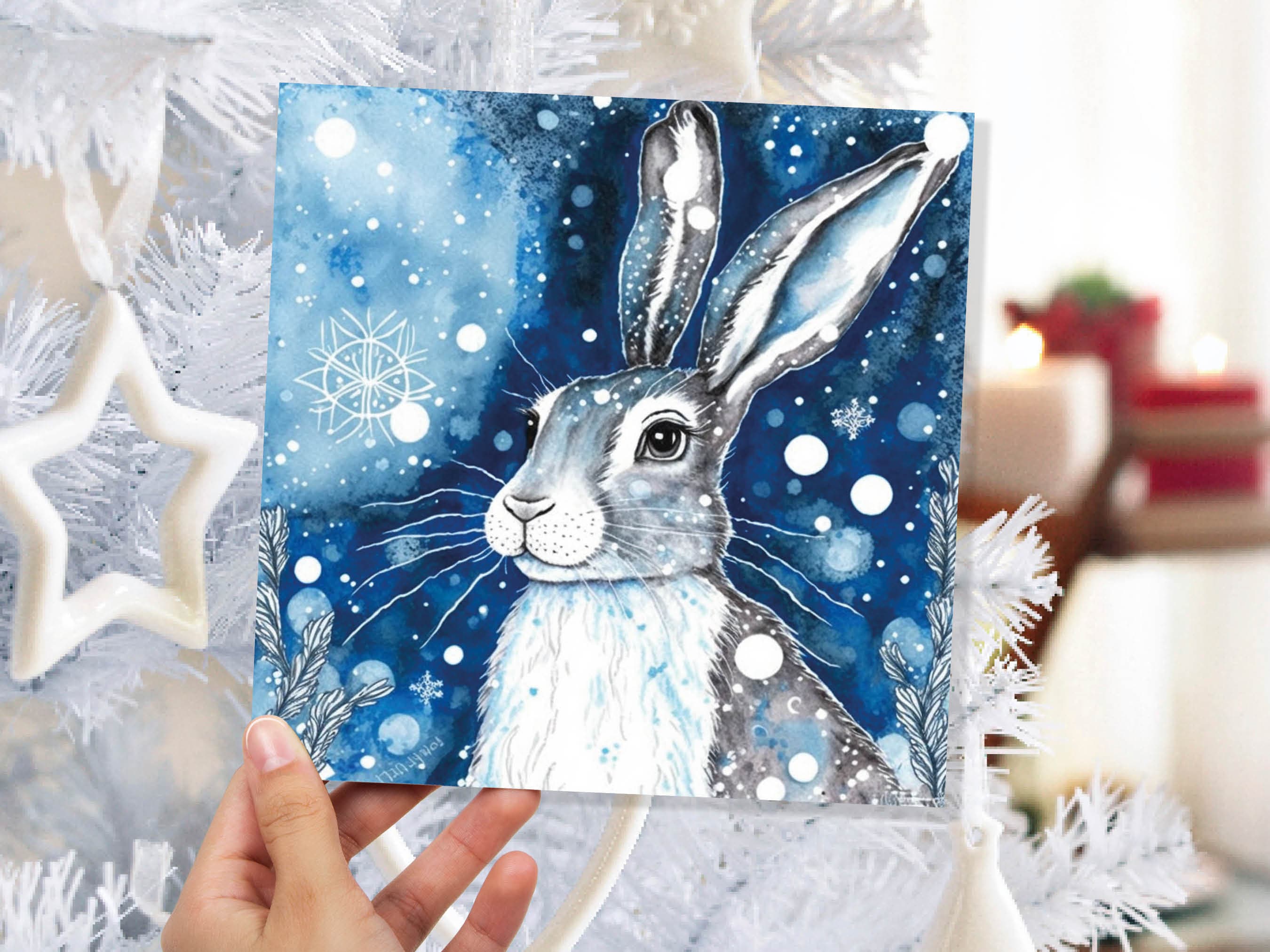 Winter Hare Beautiful Greetings Cards Blue Watercolour Snow Scene Snowy Rabbit Nature Landscape Cards For Family Friends Xmas 2025 Thank You - View 3