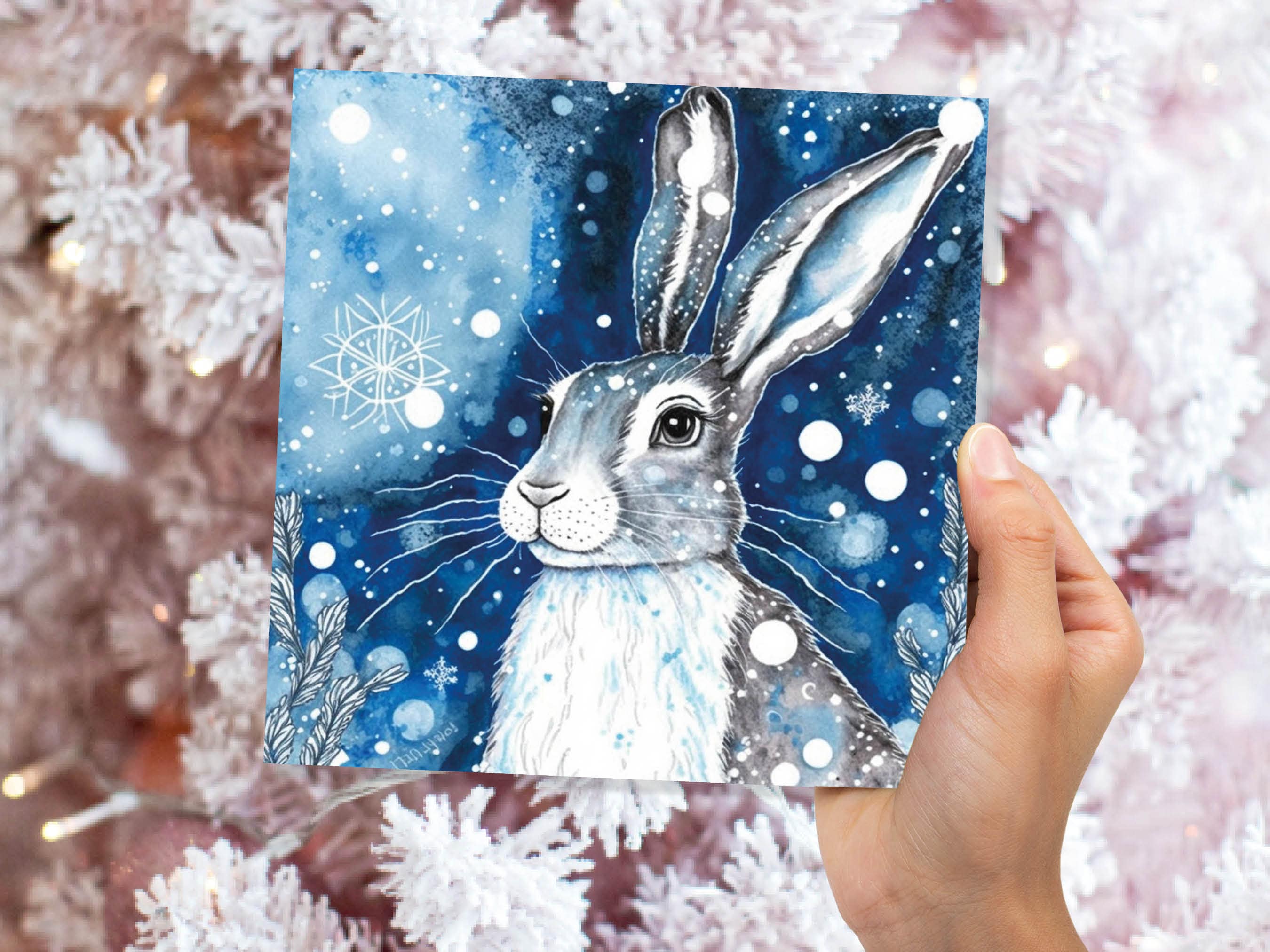 Winter Hare Beautiful Greetings Cards Blue Watercolour Snow Scene Snowy Rabbit Nature Landscape Cards For Family Friends Xmas 2025 Thank You - View 4