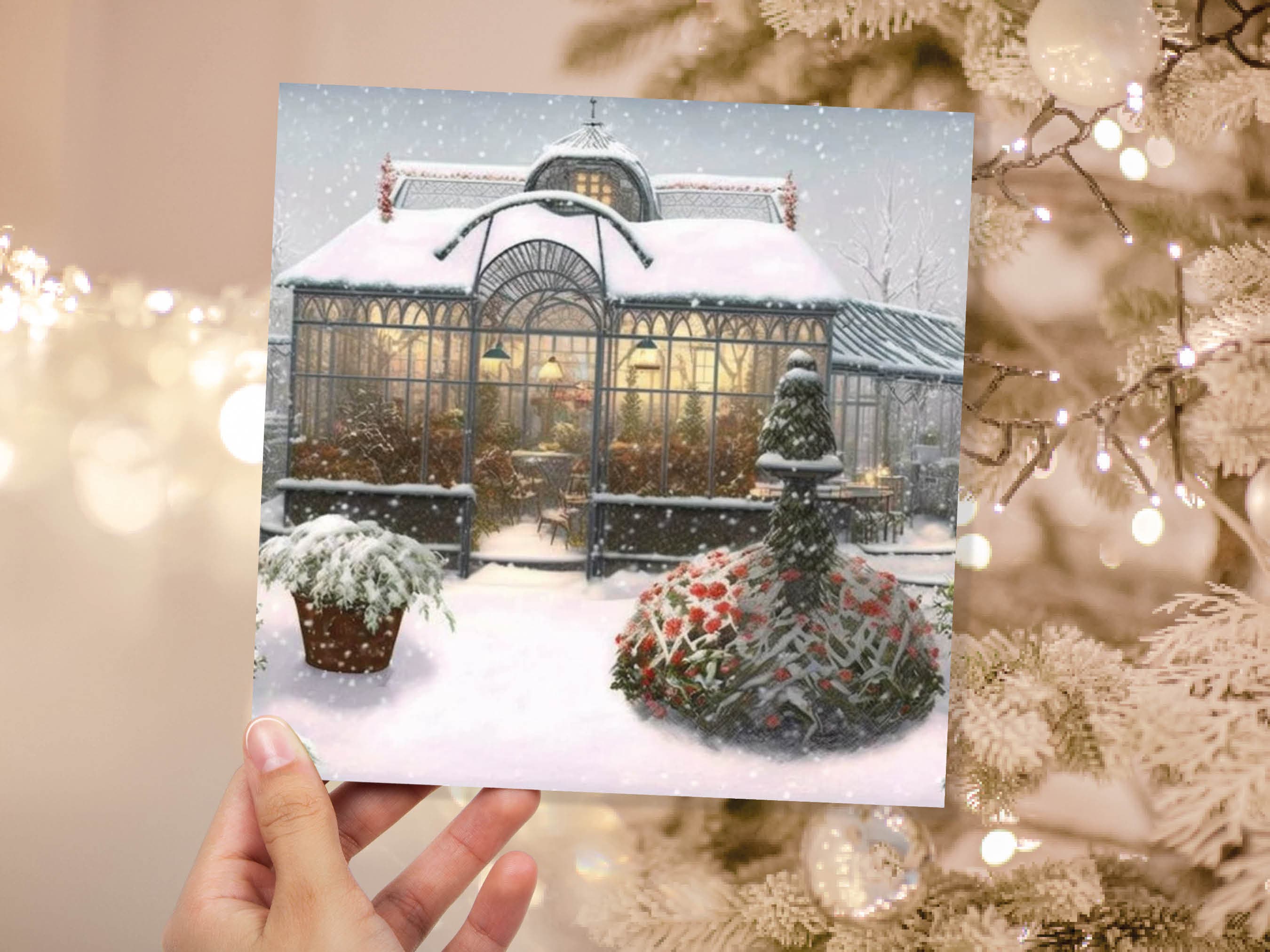 Snowy Greenhouse Card Winter Garden Gardeners Victorian Mansion Painting Unique Whimsical Greetings For Family Friends Xmas 2025 Thank You - View 2