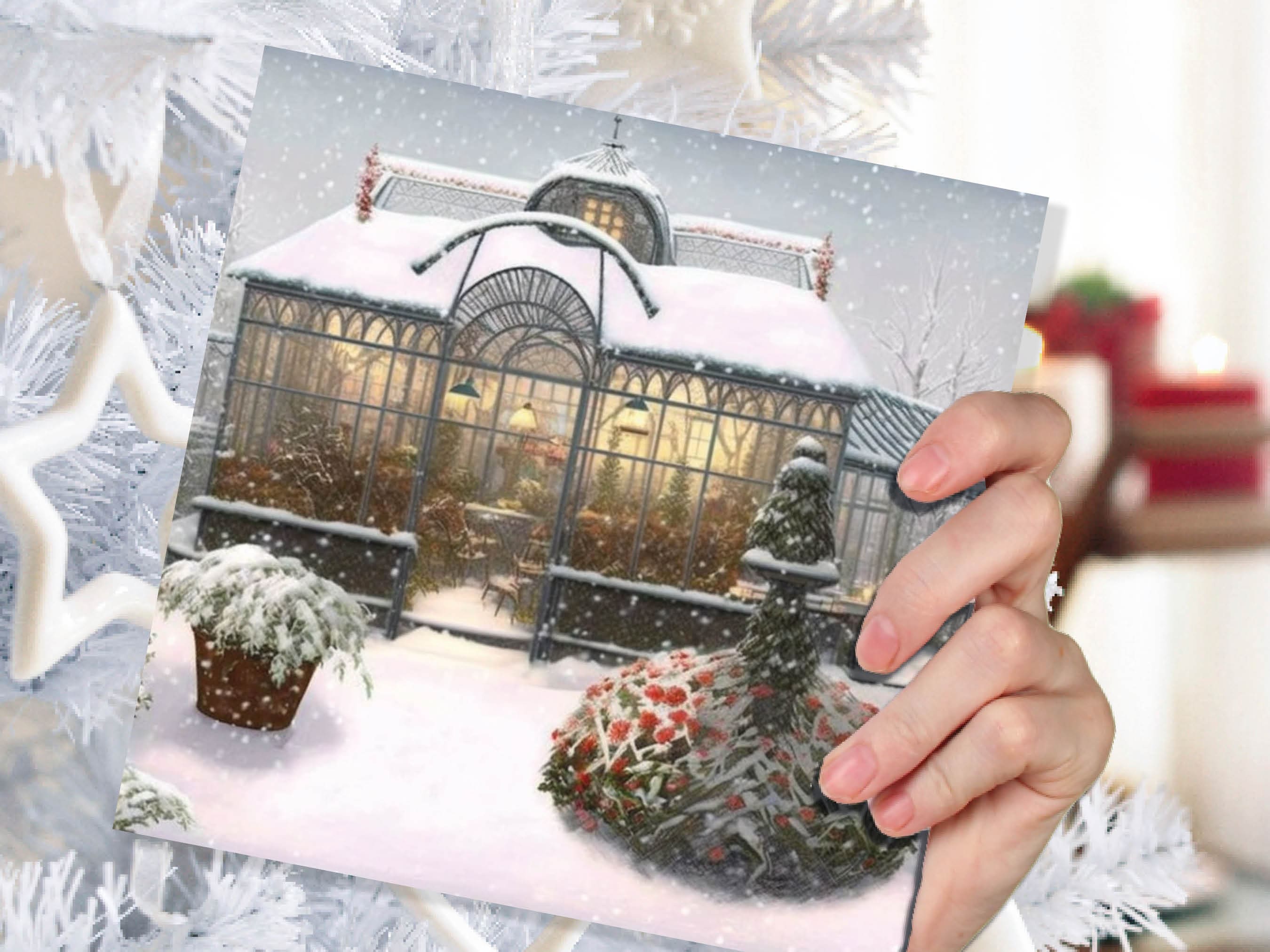 Snowy Greenhouse Card Winter Garden Gardeners Victorian Mansion Painting Unique Whimsical Greetings For Family Friends Xmas 2025 Thank You - View 6