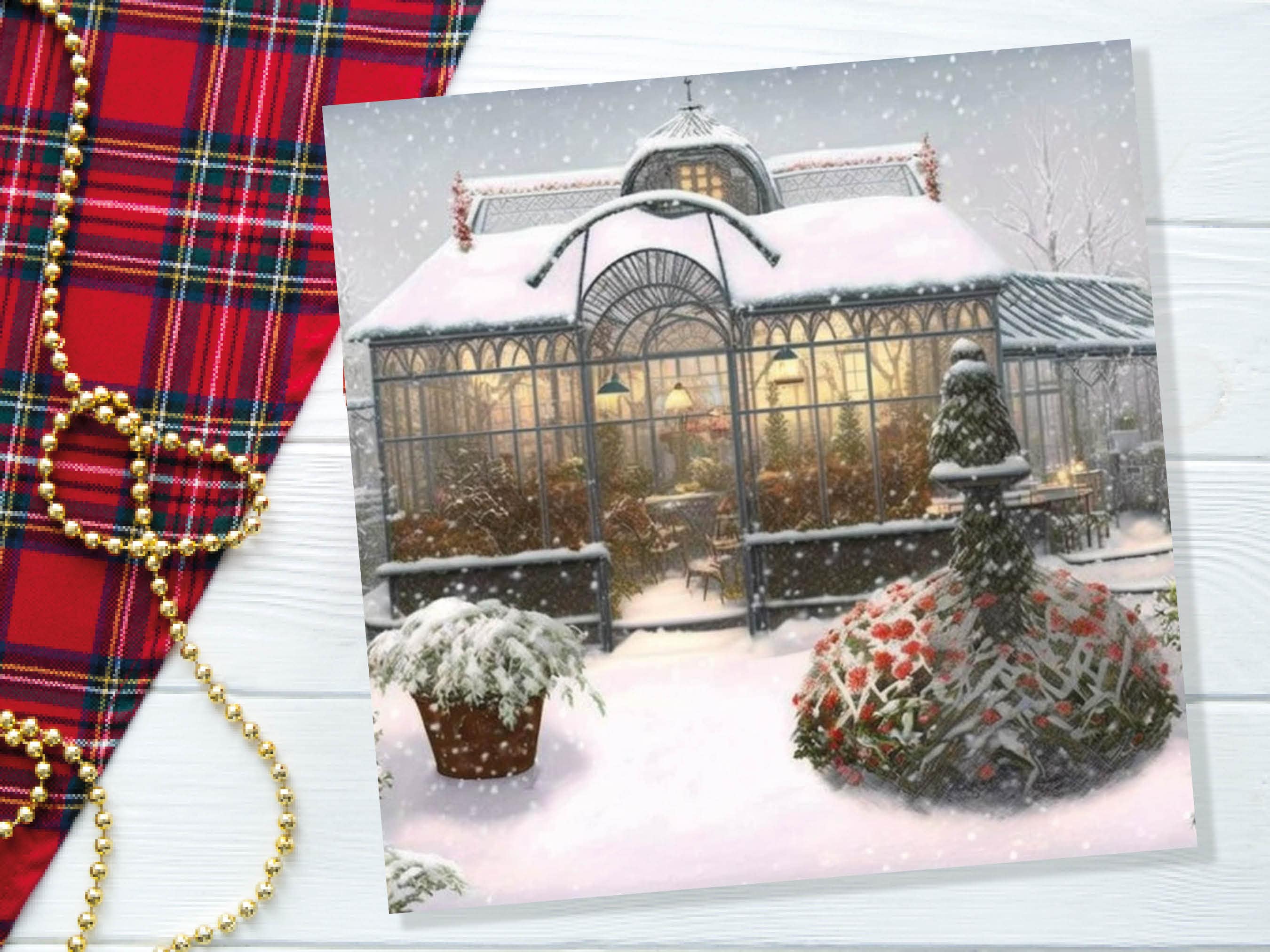 Snowy Greenhouse Card Winter Garden Gardeners Victorian Mansion Painting Unique Whimsical Greetings For Family Friends Xmas 2025 Thank You - View 5
