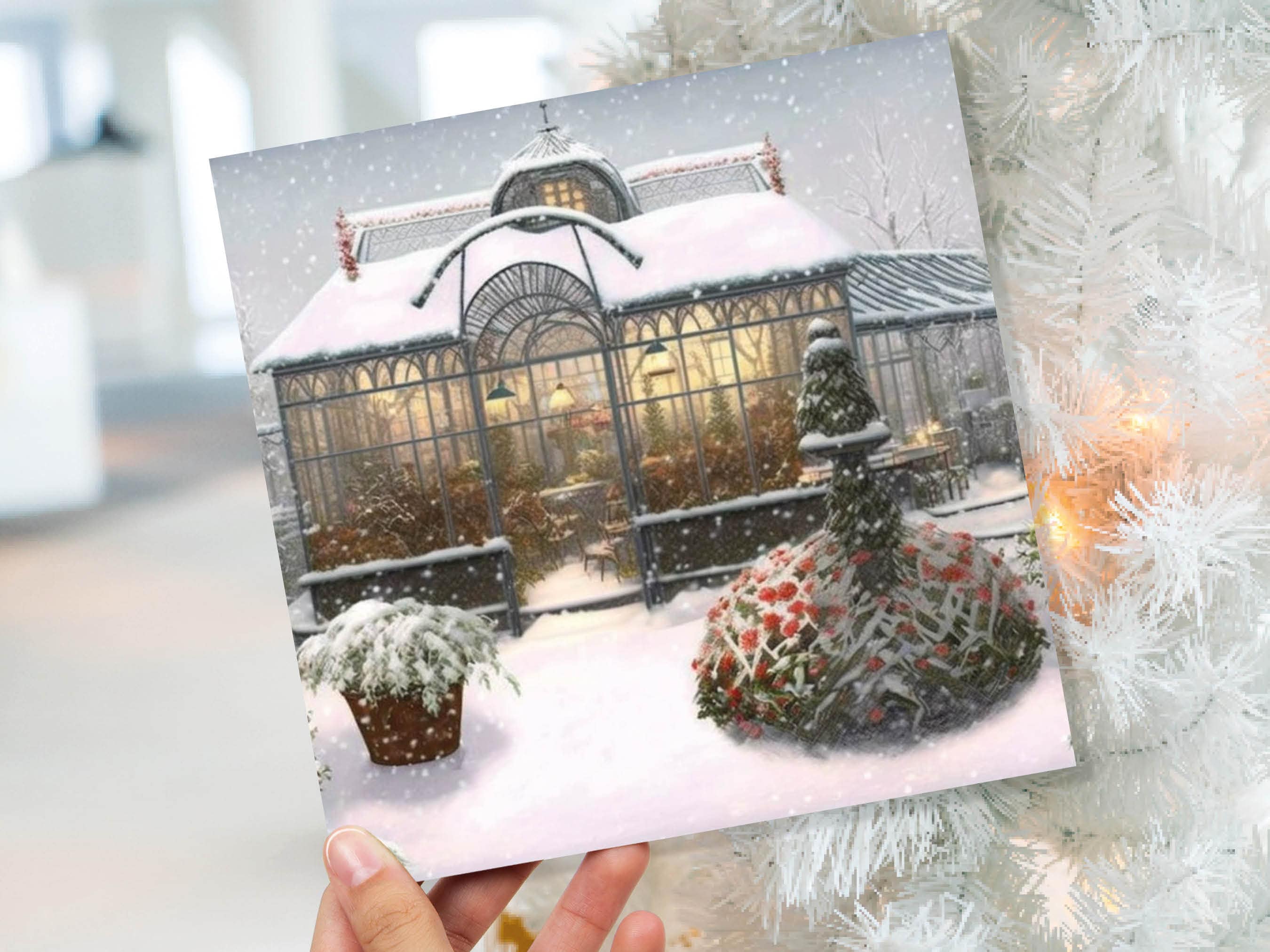 Snowy Greenhouse Card Winter Garden Gardeners Victorian Mansion Painting Unique Whimsical Greetings For Family Friends Xmas 2025 Thank You - View 9