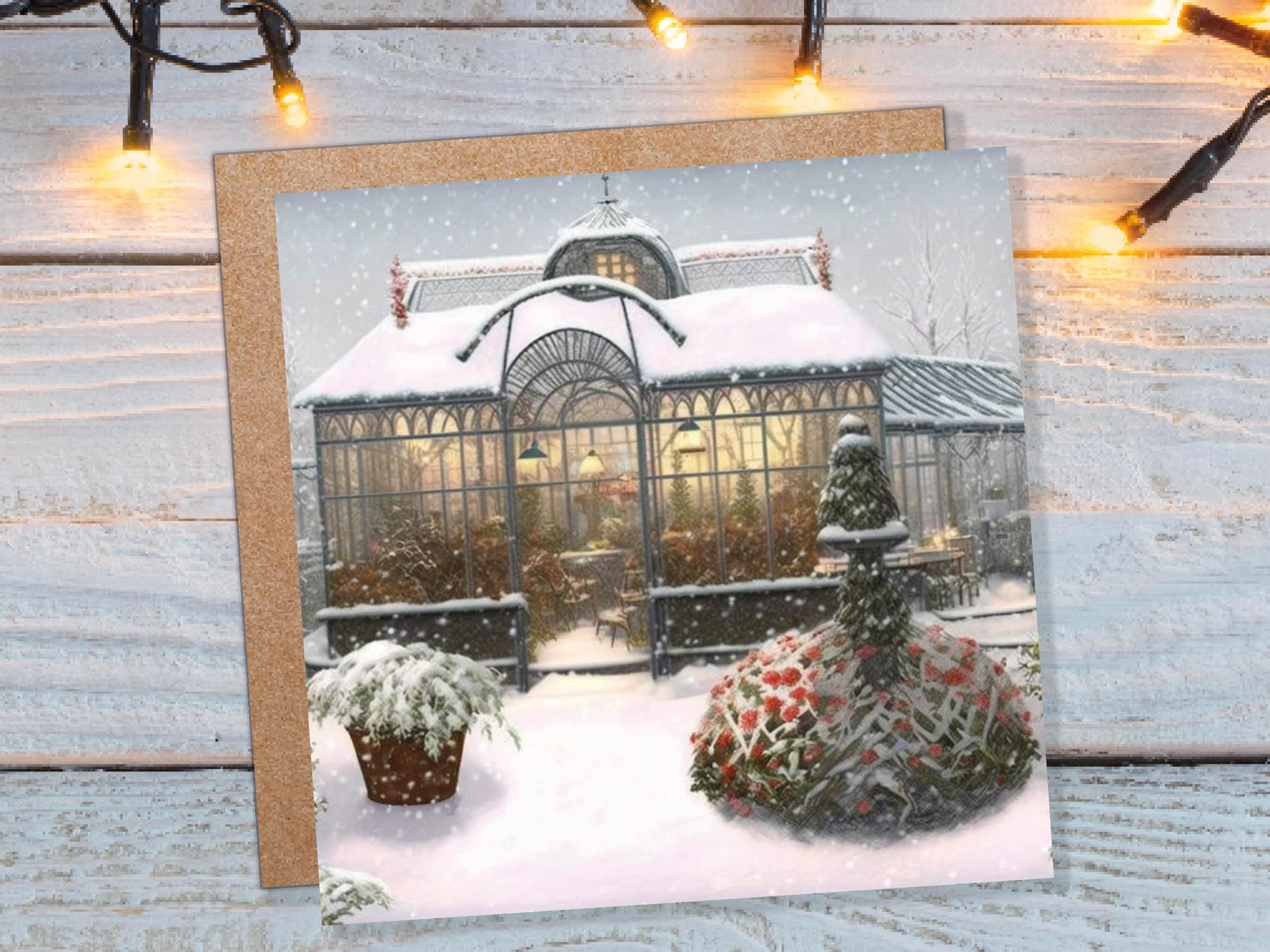 Snowy Greenhouse Card Winter Garden Gardeners Victorian Mansion Painting Unique Whimsical Greetings For Family Friends Xmas 2025 Thank You