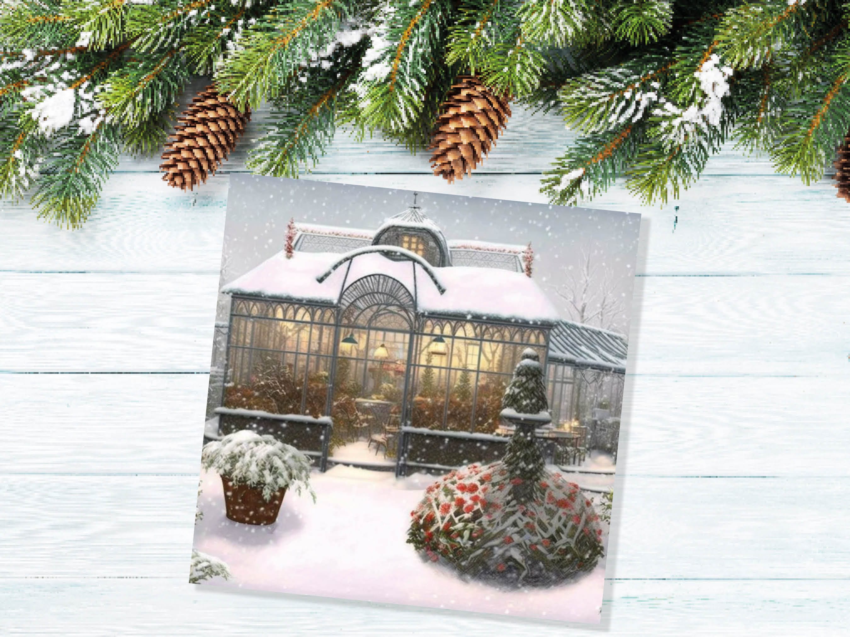 Snowy Greenhouse Card Winter Garden Gardeners Victorian Mansion Painting Unique Whimsical Greetings For Family Friends Xmas 2025 Thank You - View 4
