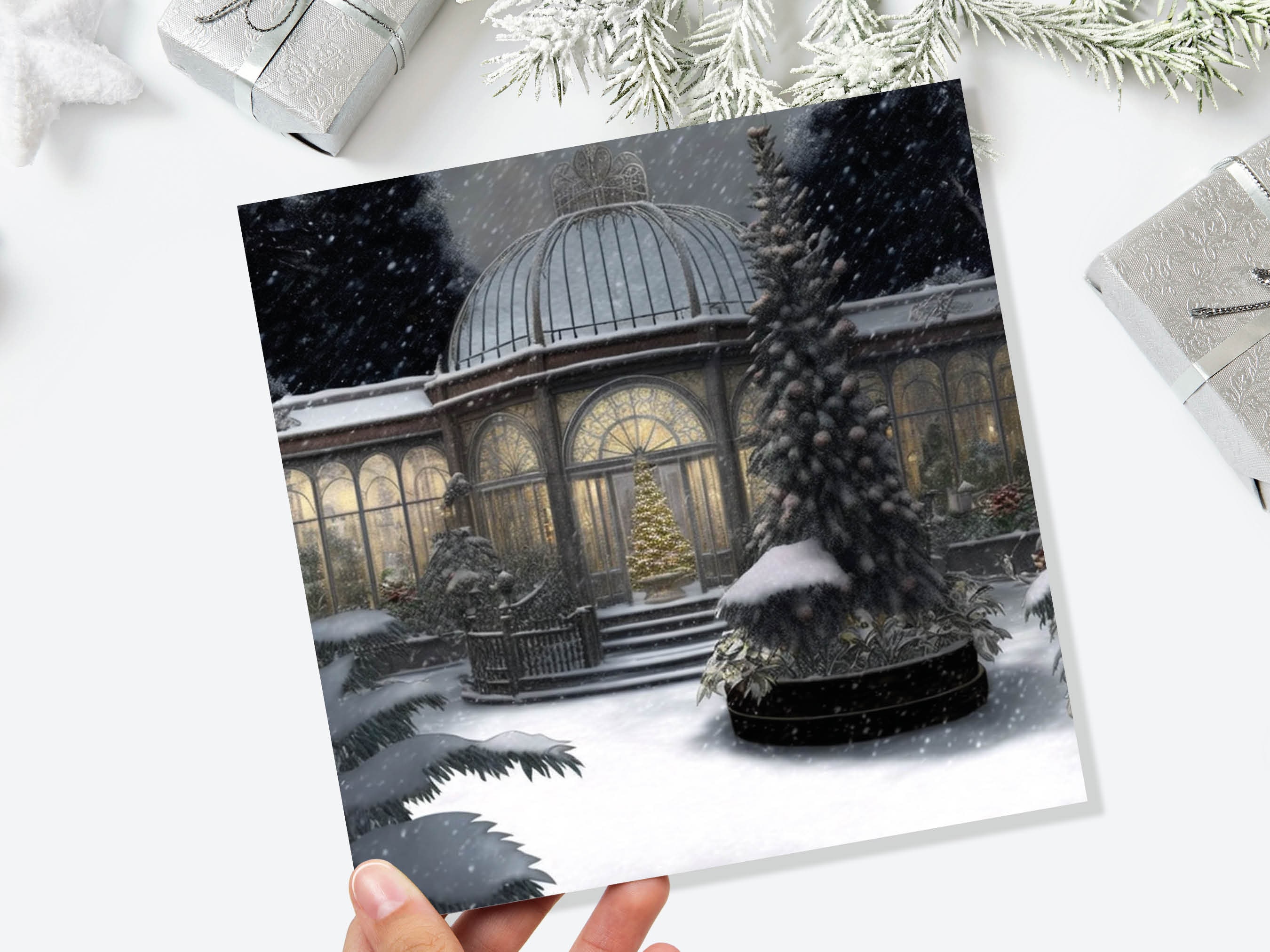 Winter Garden Card Greenhouse Orangery Gardeners Snow Victorian Mansion Country House Greetings Cards For Family Friends Xmas 2025 Thank You - View 2