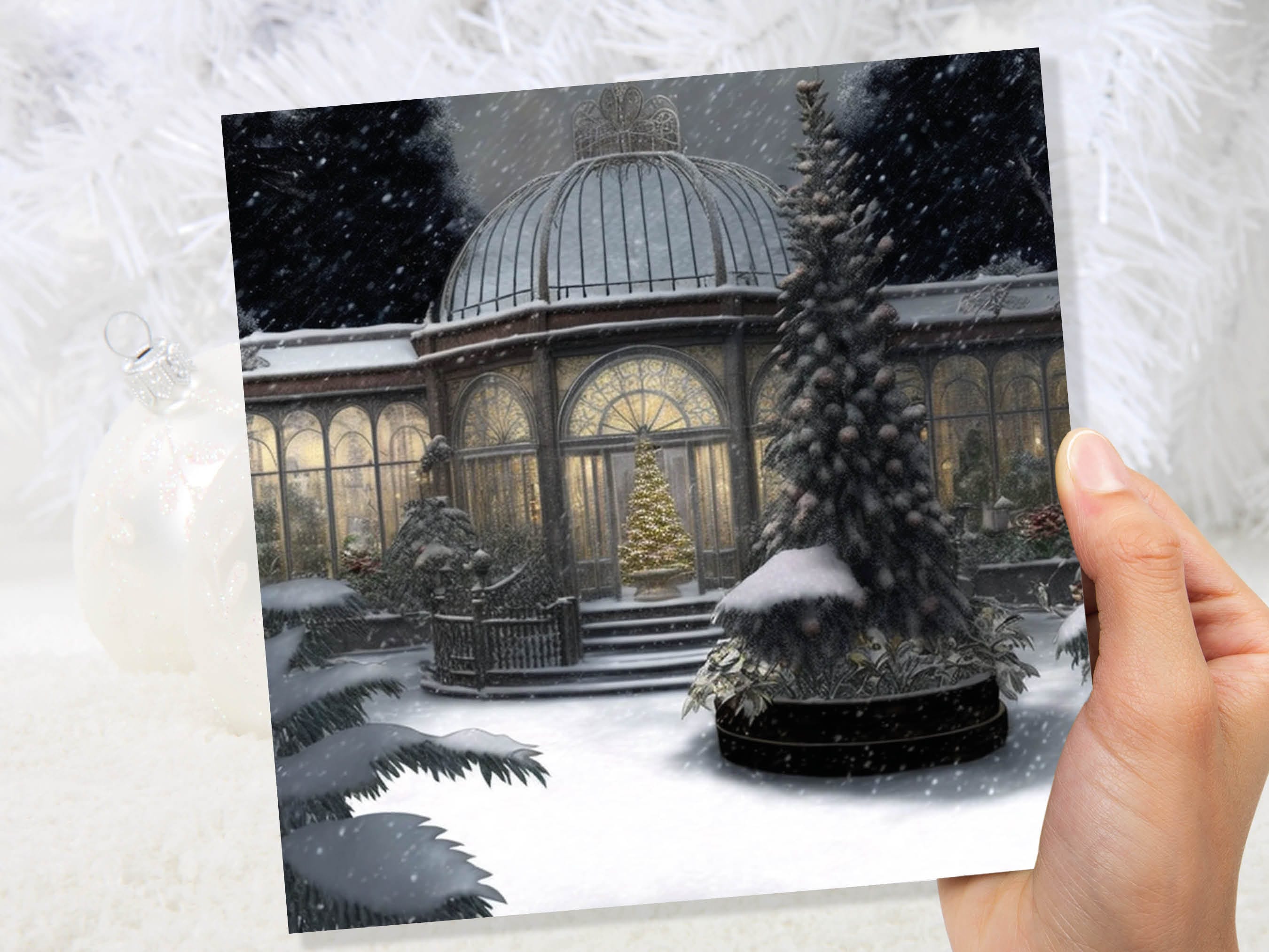 Winter Garden Card Greenhouse Orangery Gardeners Snow Victorian Mansion Country House Greetings Cards For Family Friends Xmas 2025 Thank You