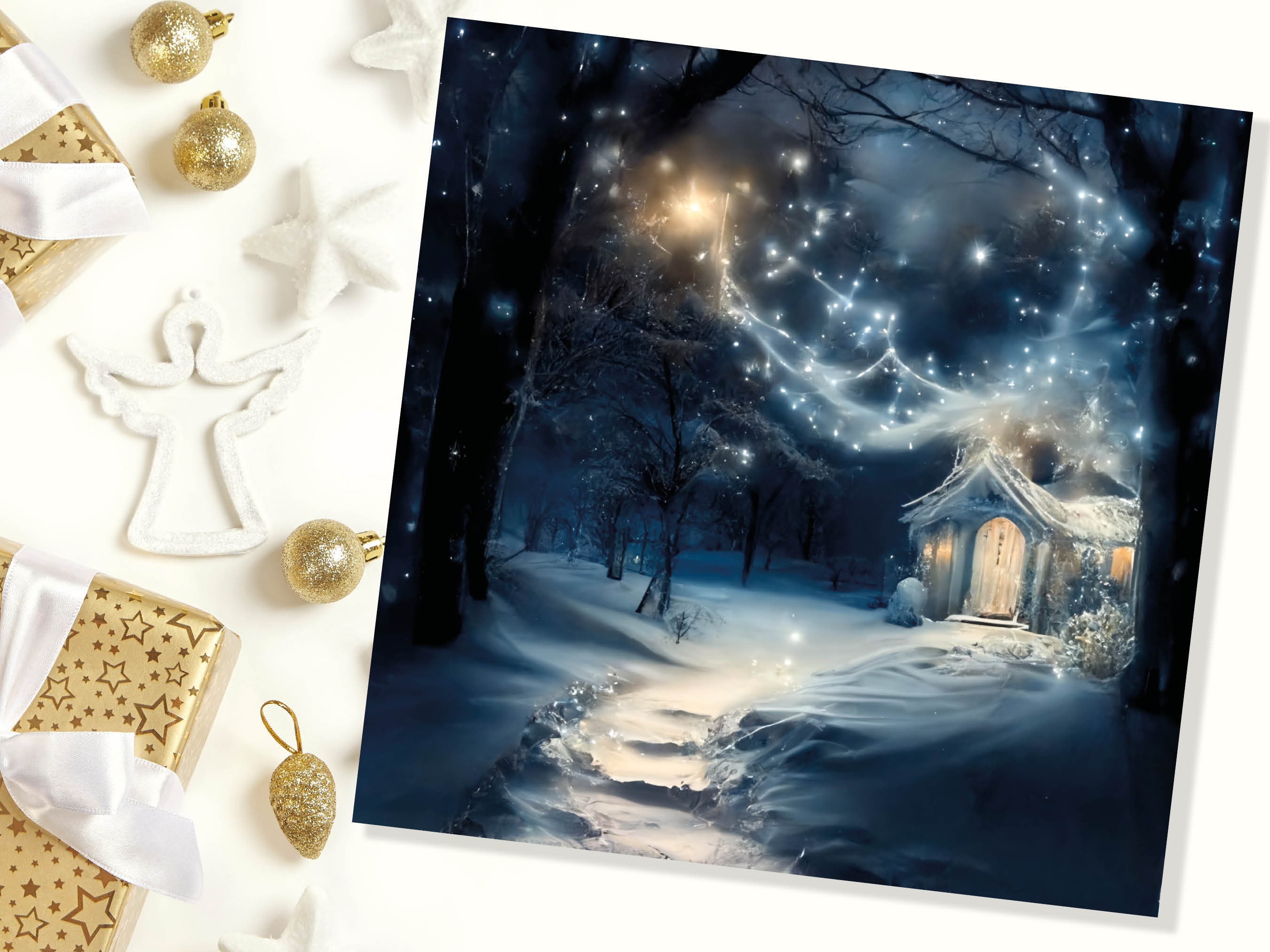 Magical Winter Christmas Card with Cosy Fairy Lights Snow Blue Whimsical Woodland Cottage Path Greetings Cards For Family Friends Xmas 2025 - View 5