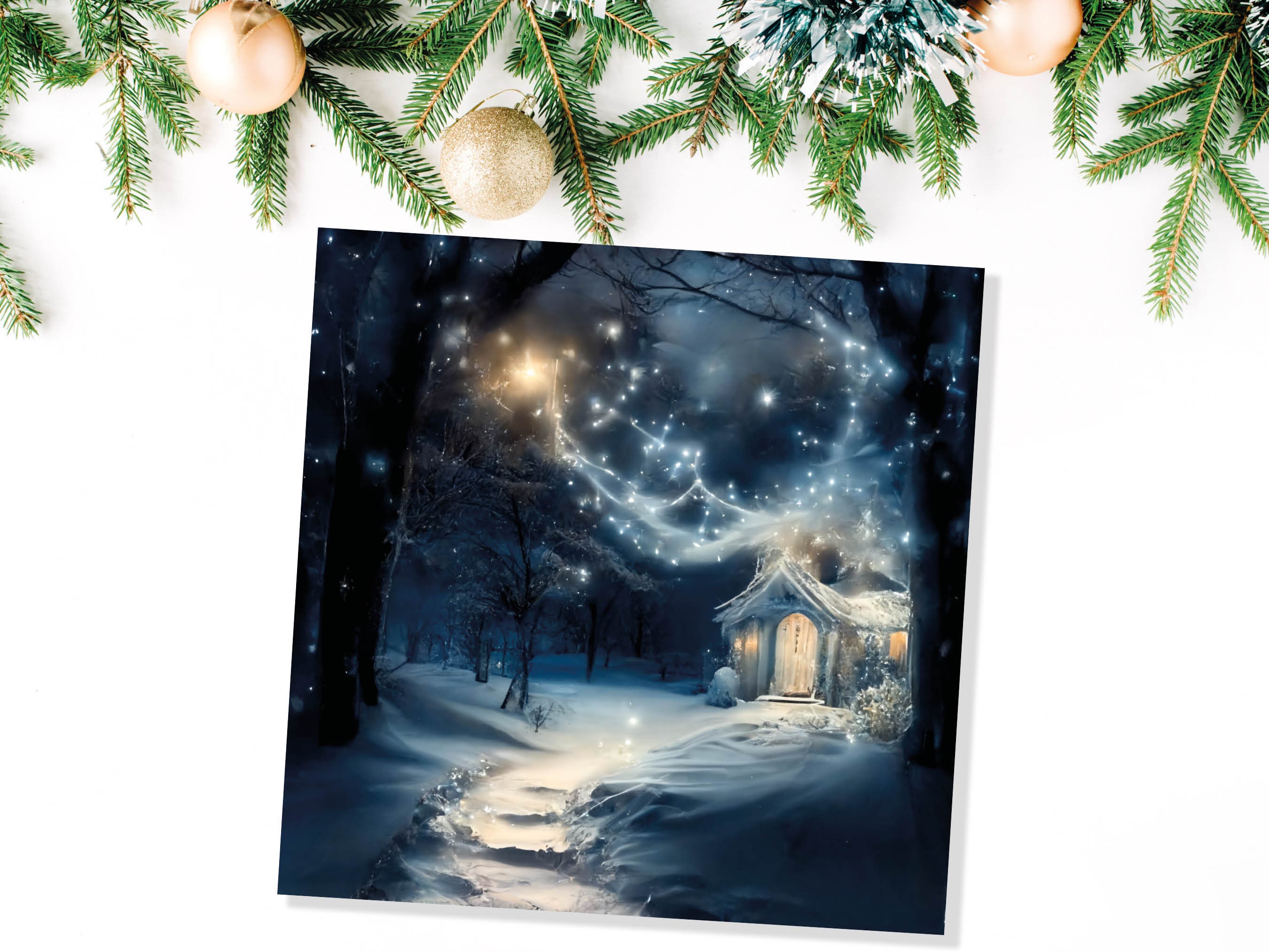 Magical Winter Christmas Card with Cosy Fairy Lights Snow Blue Whimsical Woodland Cottage Path Greetings Cards For Family Friends Xmas 2025 - View 2