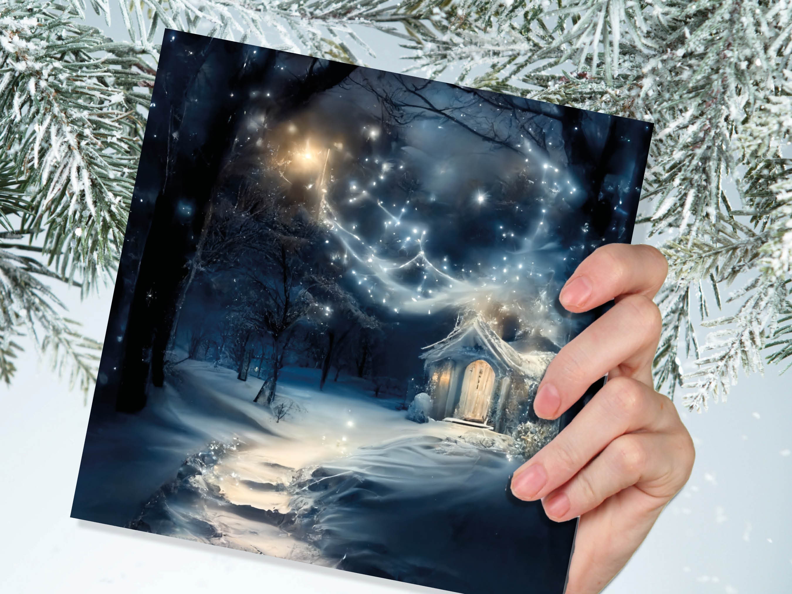 Magical Winter Christmas Card with Cosy Fairy Lights Snow Blue Whimsical Woodland Cottage Path Greetings Cards For Family Friends Xmas 2025 - View 4