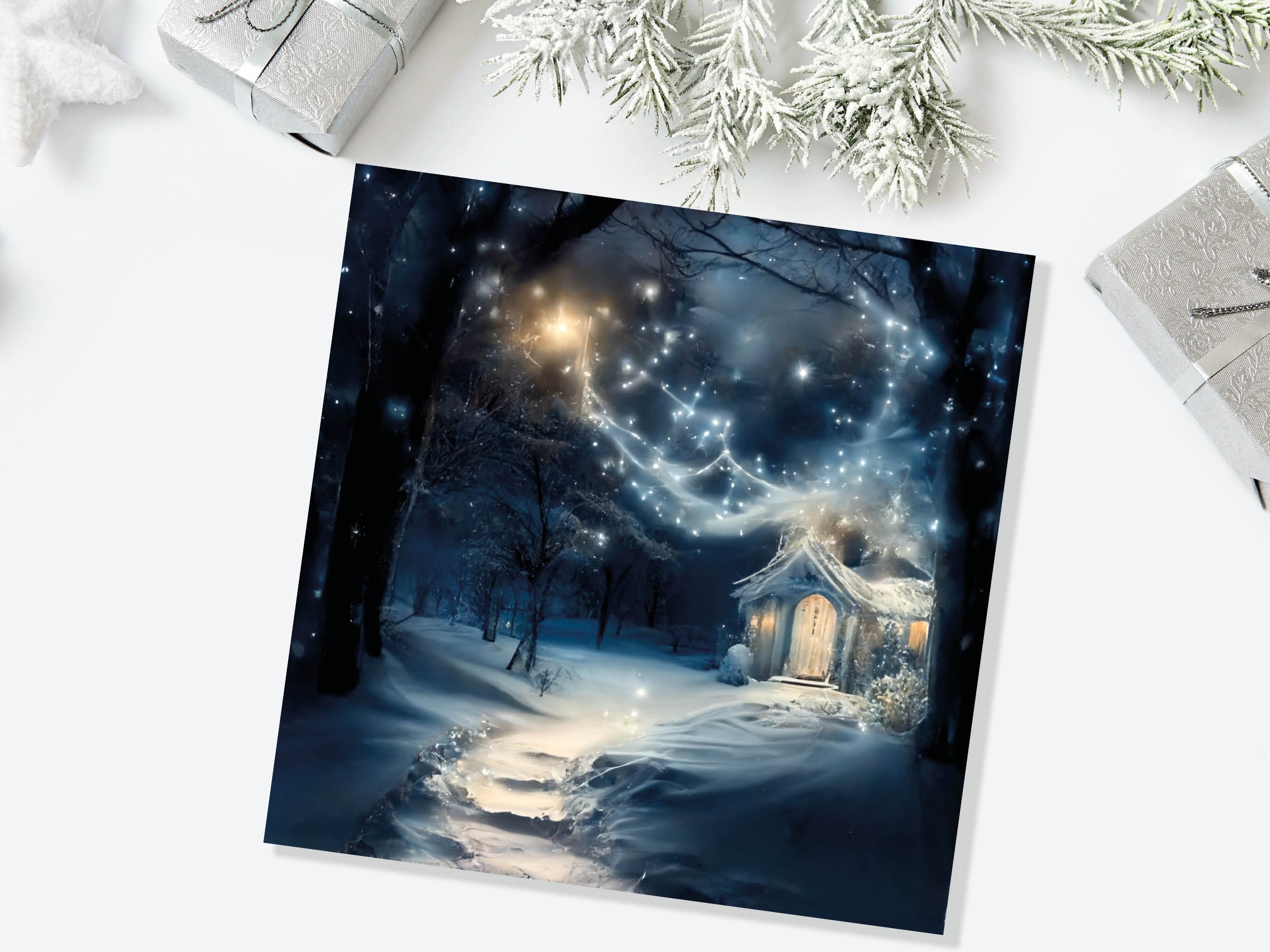 Magical Winter Christmas Card with Cosy Fairy Lights Snow Blue Whimsical Woodland Cottage Path Greetings Cards For Family Friends Xmas 2025 - View 6