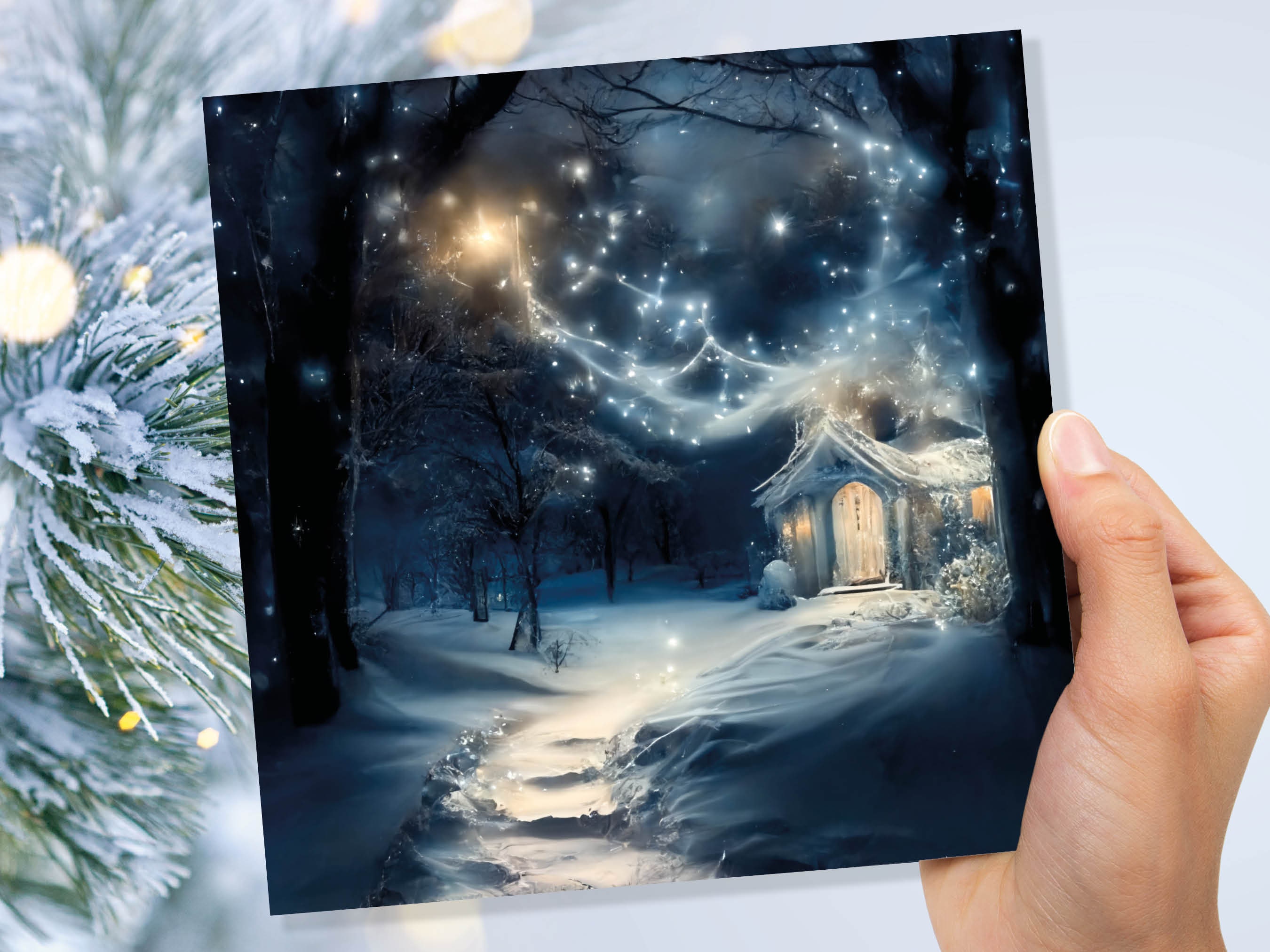 Magical Winter Christmas Card with Cosy Fairy Lights Snow Blue Whimsical Woodland Cottage Path Greetings Cards For Family Friends Xmas 2025 - View 3