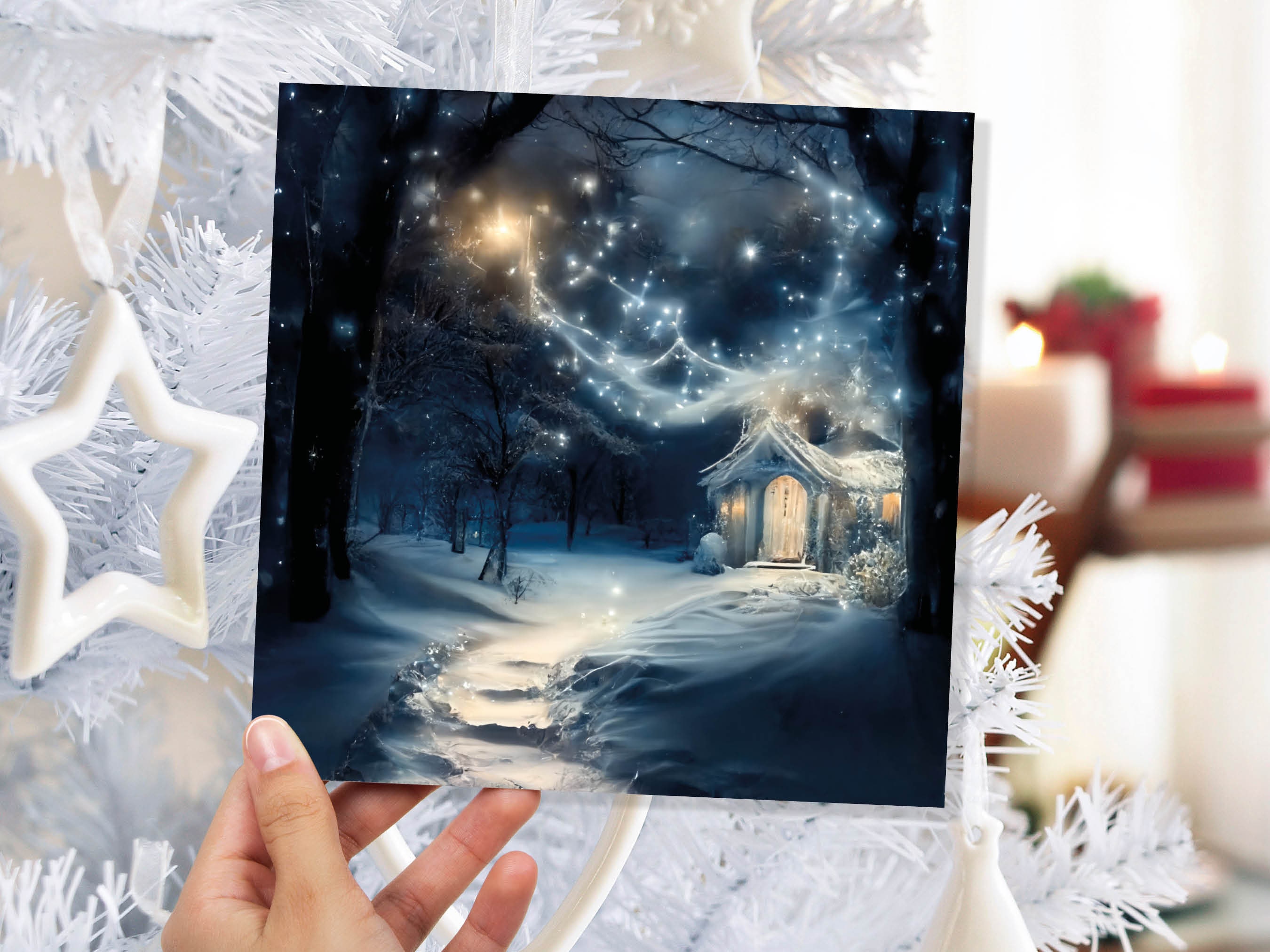 Magical Winter Christmas Card with Cosy Fairy Lights Snow Blue Whimsical Woodland Cottage Path Greetings Cards For Family Friends Xmas 2025 - View 8