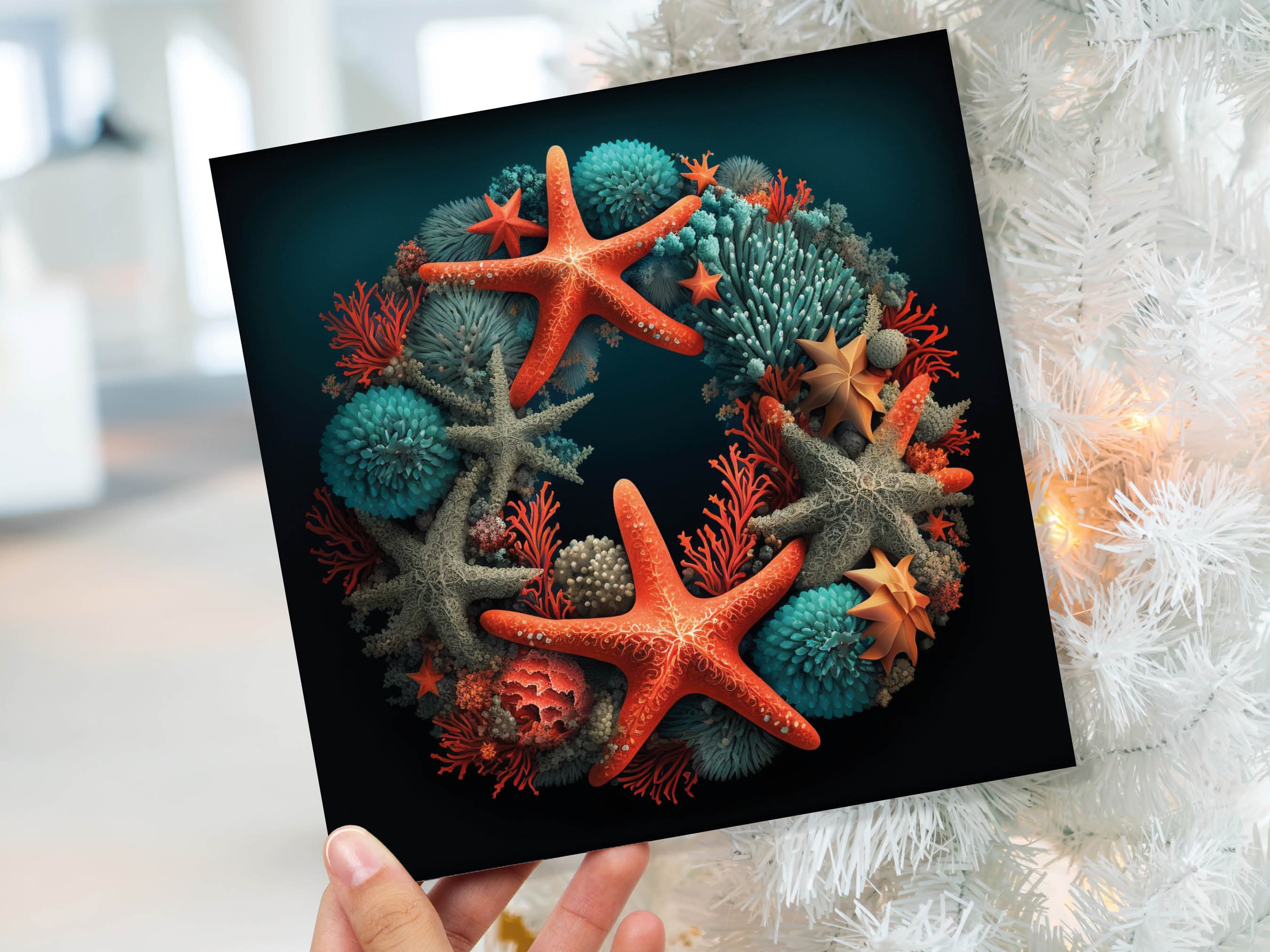 Coral Wreath Christmas Card Funny Ocean Reef Pun with Shells and Starfish Teal Orange Festive Greetings Cards For Family Friends Xmas 2025 - View 3