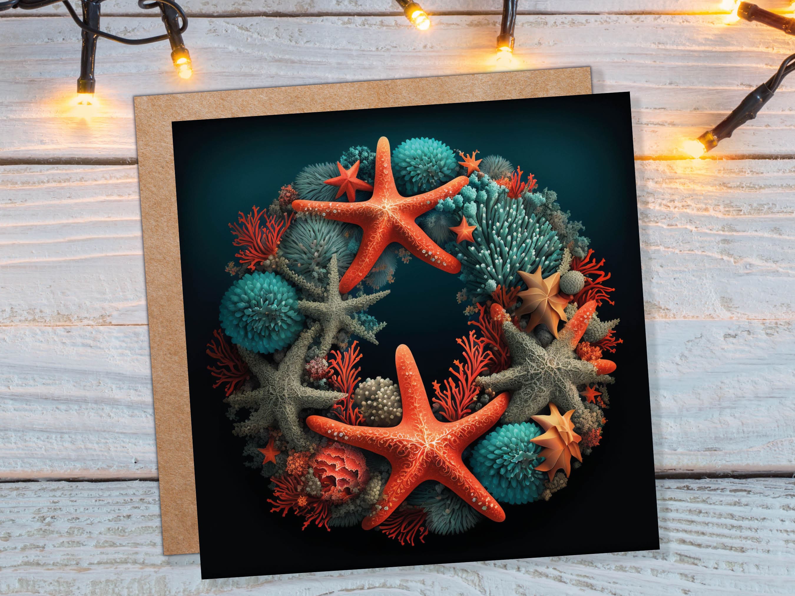 Coral Wreath Christmas Card Funny Ocean Reef Pun with Shells and Starfish Teal Orange Festive Greetings Cards For Family Friends Xmas 2025 - View 10