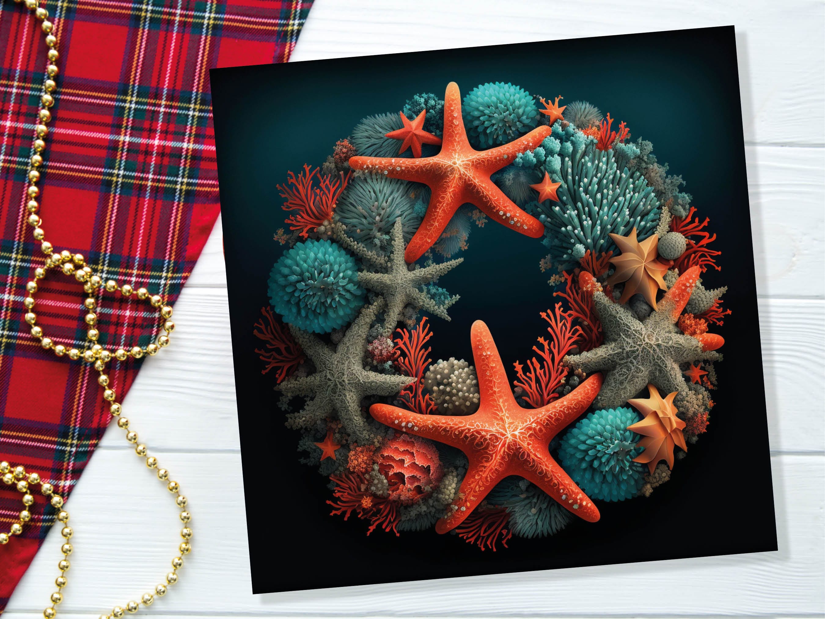 Coral Wreath Christmas Card Funny Ocean Reef Pun with Shells and Starfish Teal Orange Festive Greetings Cards For Family Friends Xmas 2025 - View 6