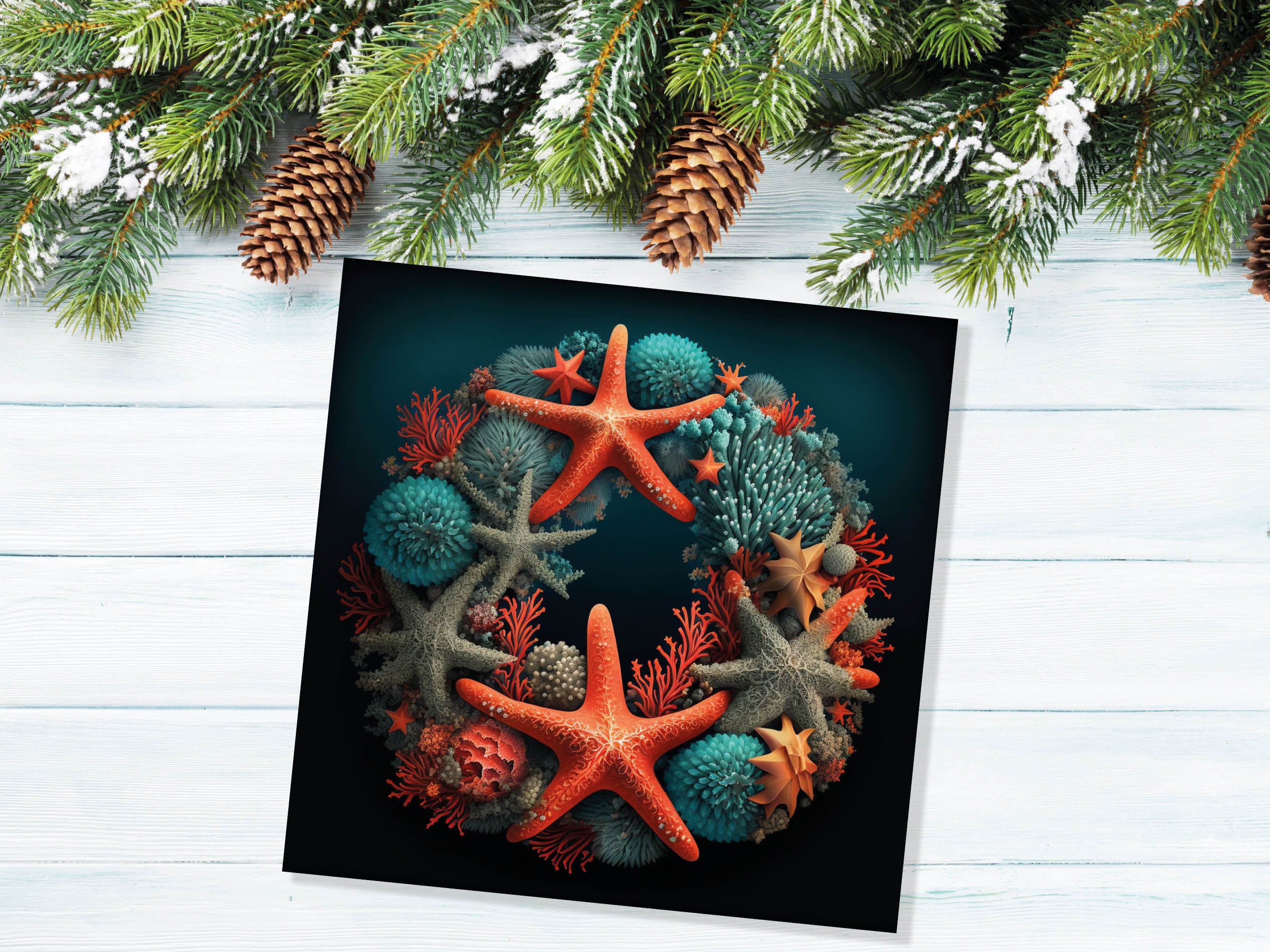 Coral Wreath Christmas Card Funny Ocean Reef Pun with Shells and Starfish Teal Orange Festive Greetings Cards For Family Friends Xmas 2025 - View 8