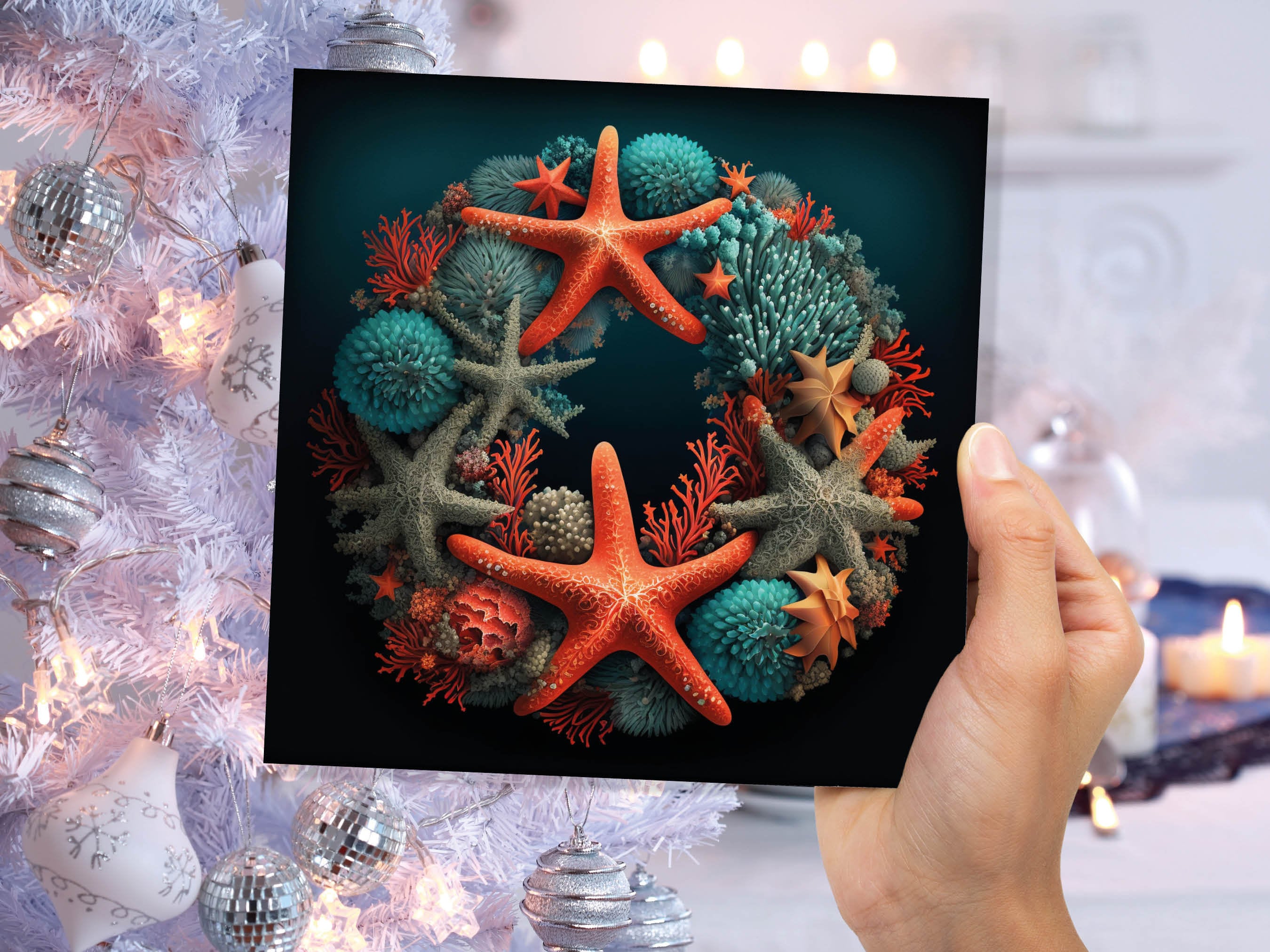 Coral Wreath Christmas Card Funny Ocean Reef Pun with Shells and Starfish Teal Orange Festive Greetings Cards For Family Friends Xmas 2025 - View 7