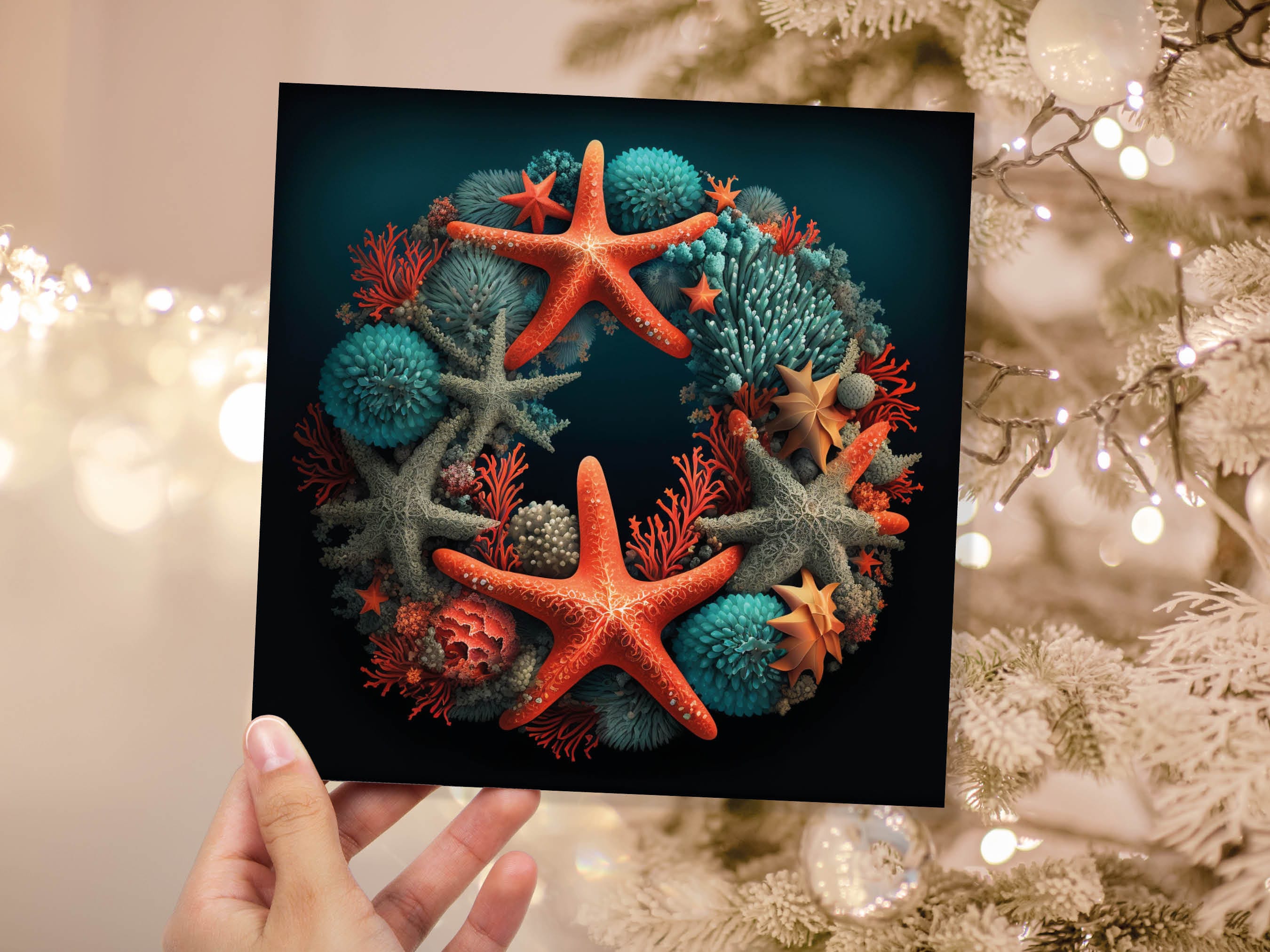 Coral Wreath Christmas Card Funny Ocean Reef Pun with Shells and Starfish Teal Orange Festive Greetings Cards For Family Friends Xmas 2025 - View 9