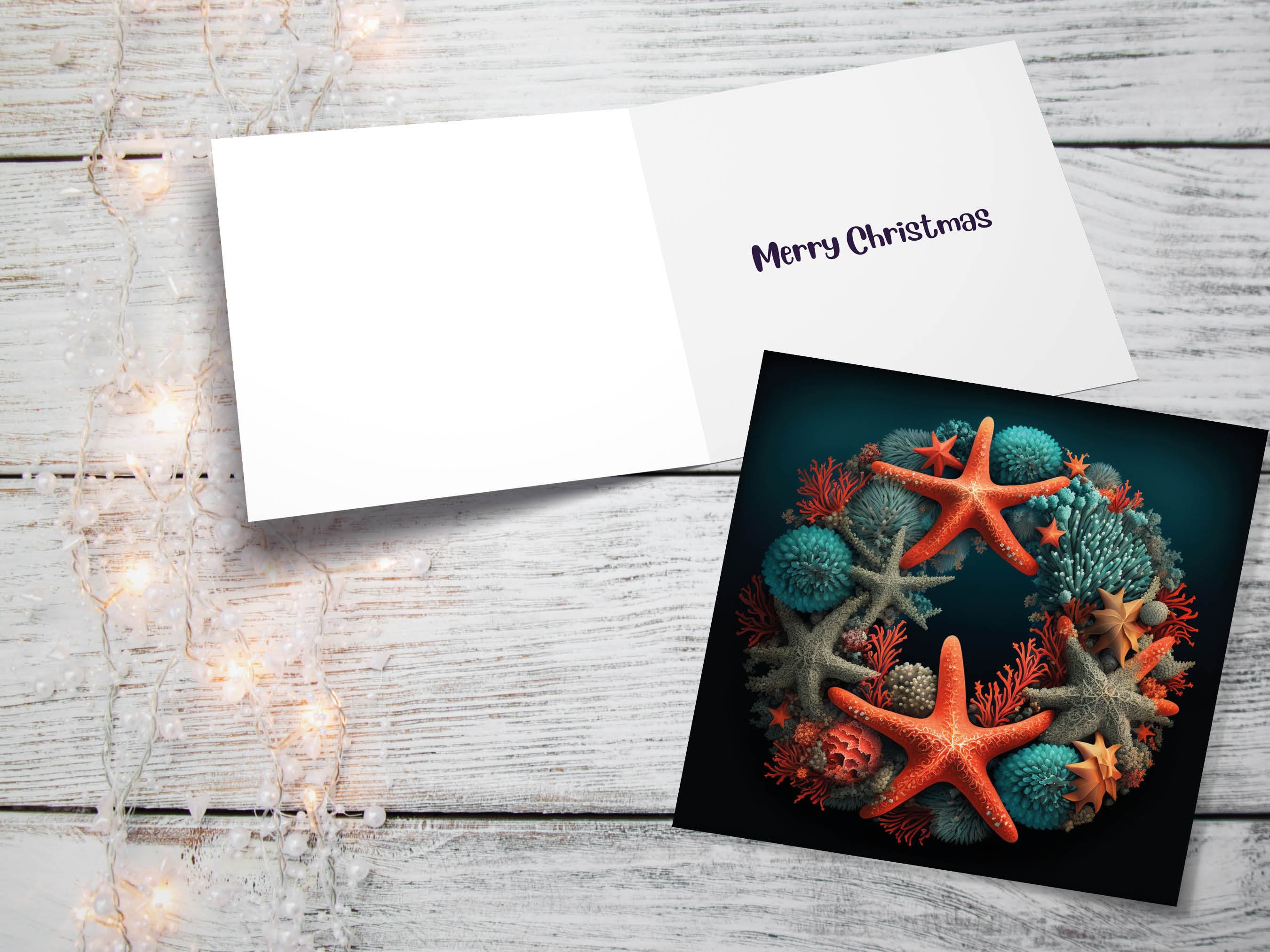 Coral Wreath Christmas Card Funny Ocean Reef Pun with Shells and Starfish Teal Orange Festive Greetings Cards For Family Friends Xmas 2025 - View 2