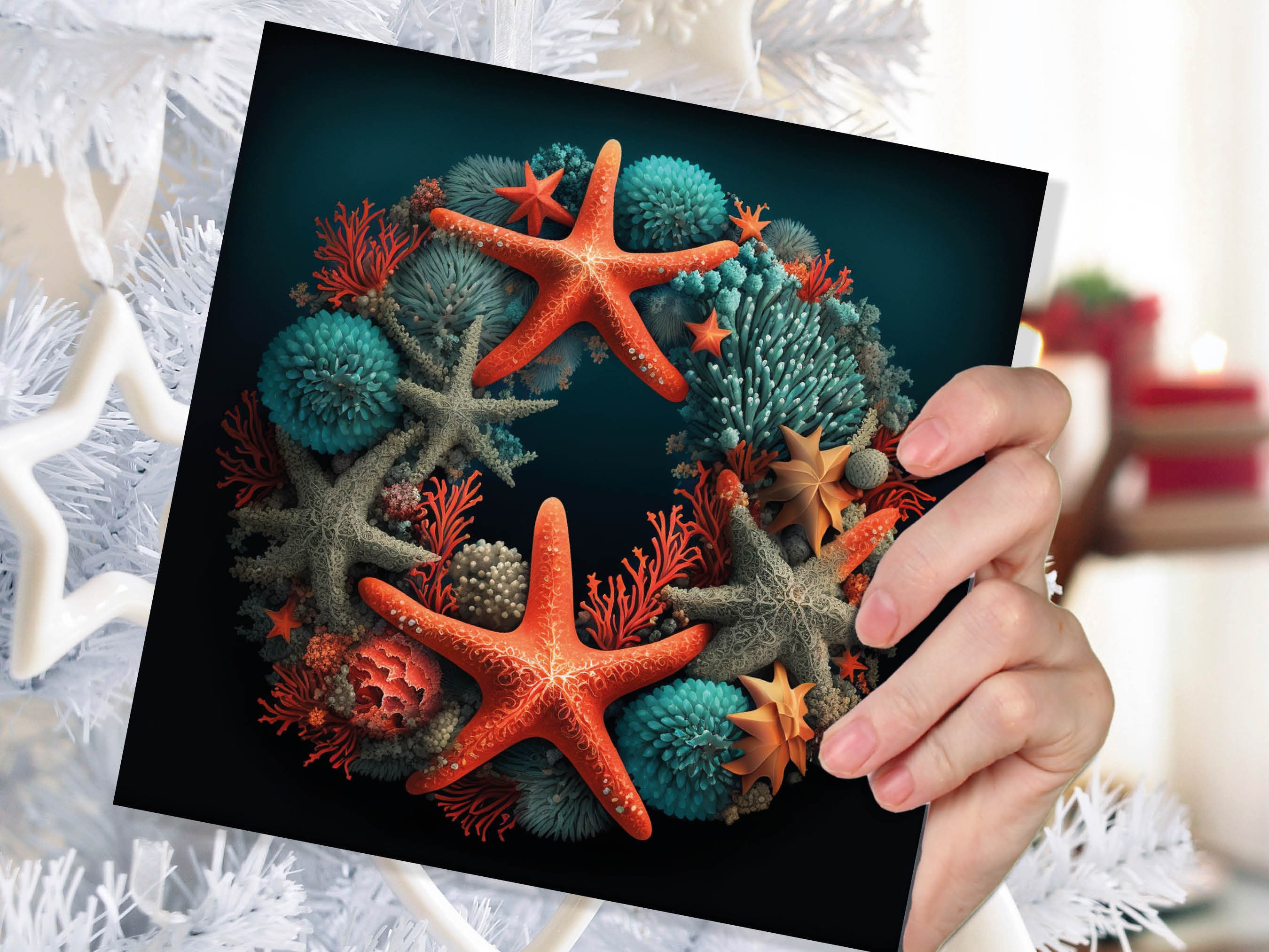 Coral Wreath Christmas Card Funny Ocean Reef Pun with Shells and Starfish Teal Orange Festive Greetings Cards For Family Friends Xmas 2025