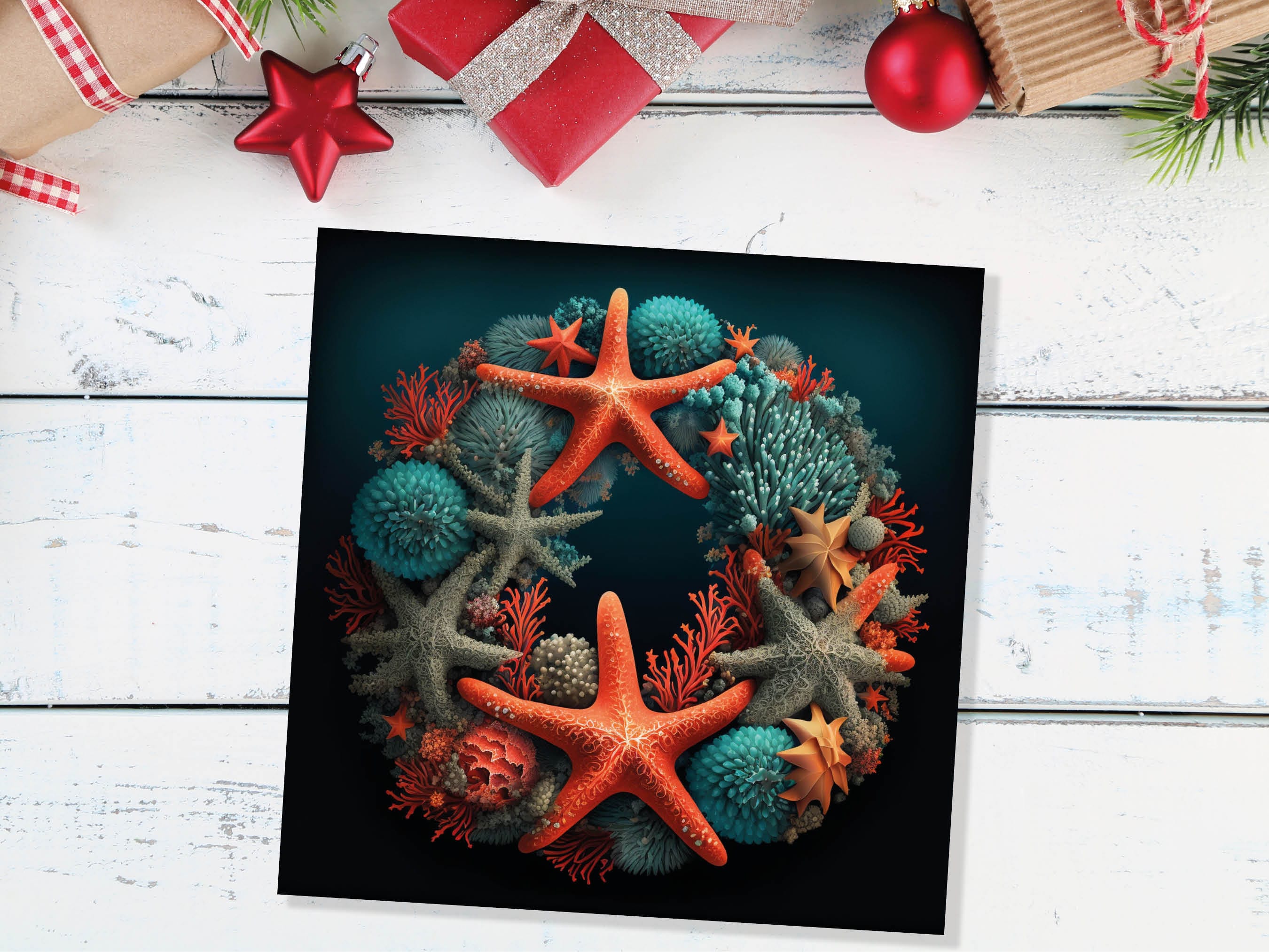 Coral Wreath Christmas Card Funny Ocean Reef Pun with Shells and Starfish Teal Orange Festive Greetings Cards For Family Friends Xmas 2025 - View 4