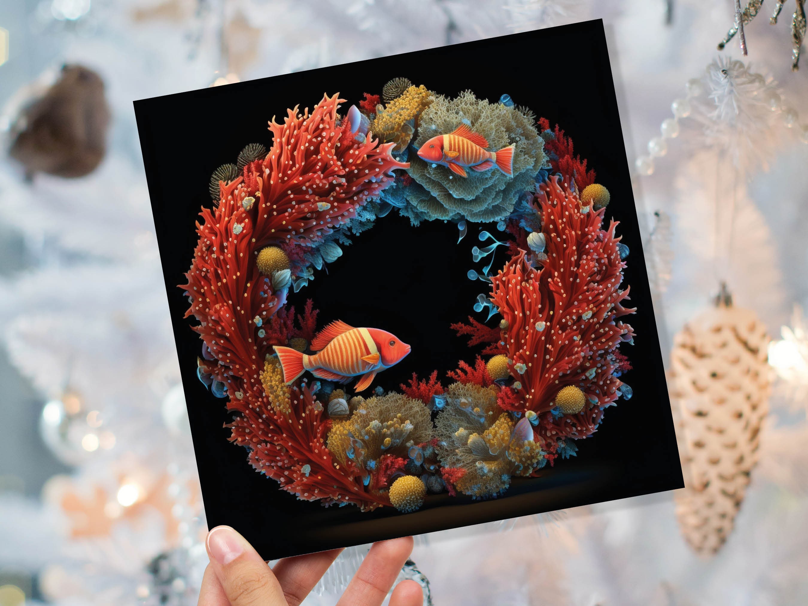 Ocean Coral Christmas Card Funny Reef Festive Wreath Pun with Sea Sponges Seaweed Black Orange Greetings Cards For Family Friends Xmas 2026