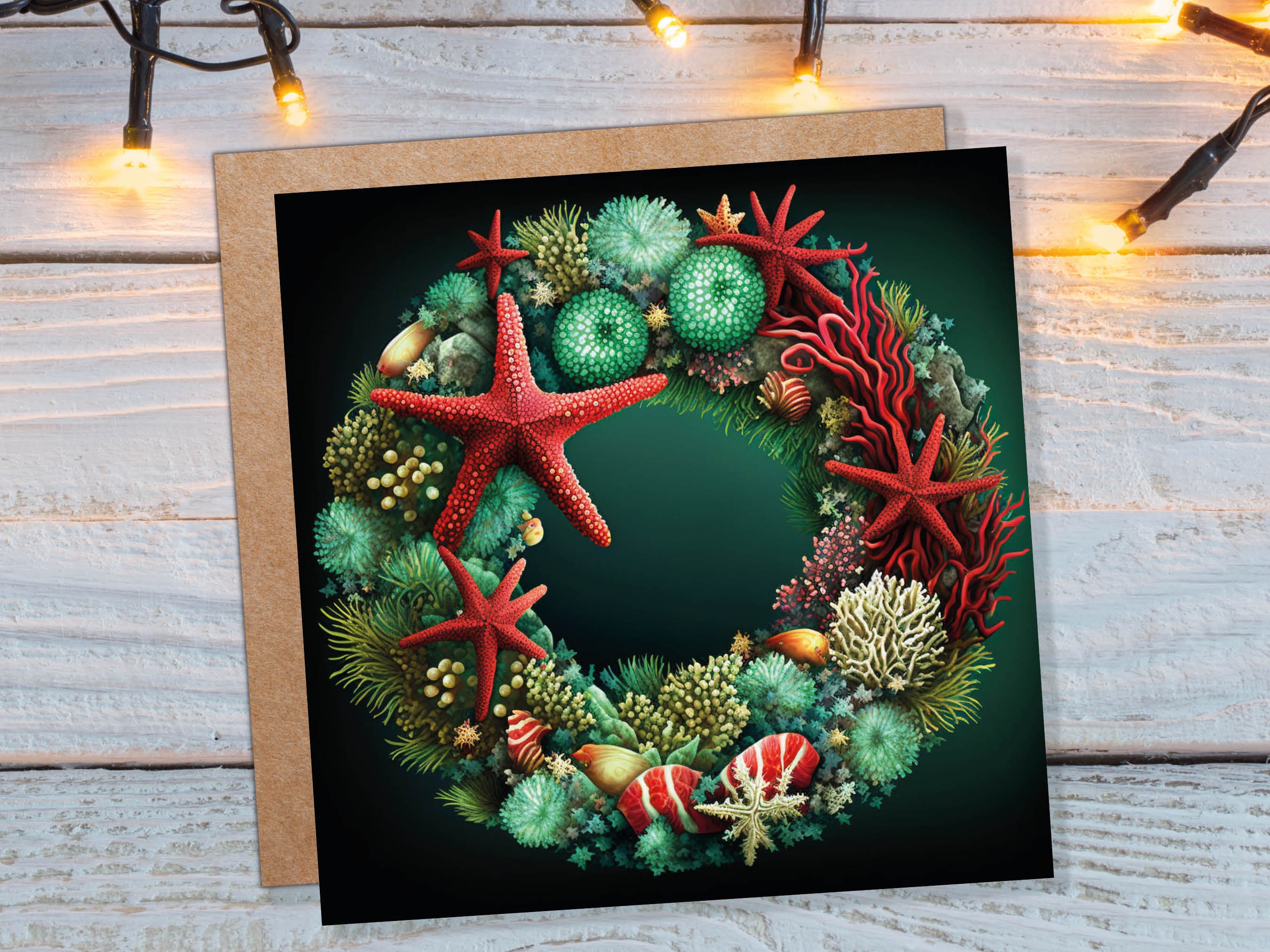 Coral Reef Christmas Card Funny Festive Wreath Pun Starfish Seaweed Sea Life Urchins Red Green Greetings Cards For Family Friends Xmas 2026