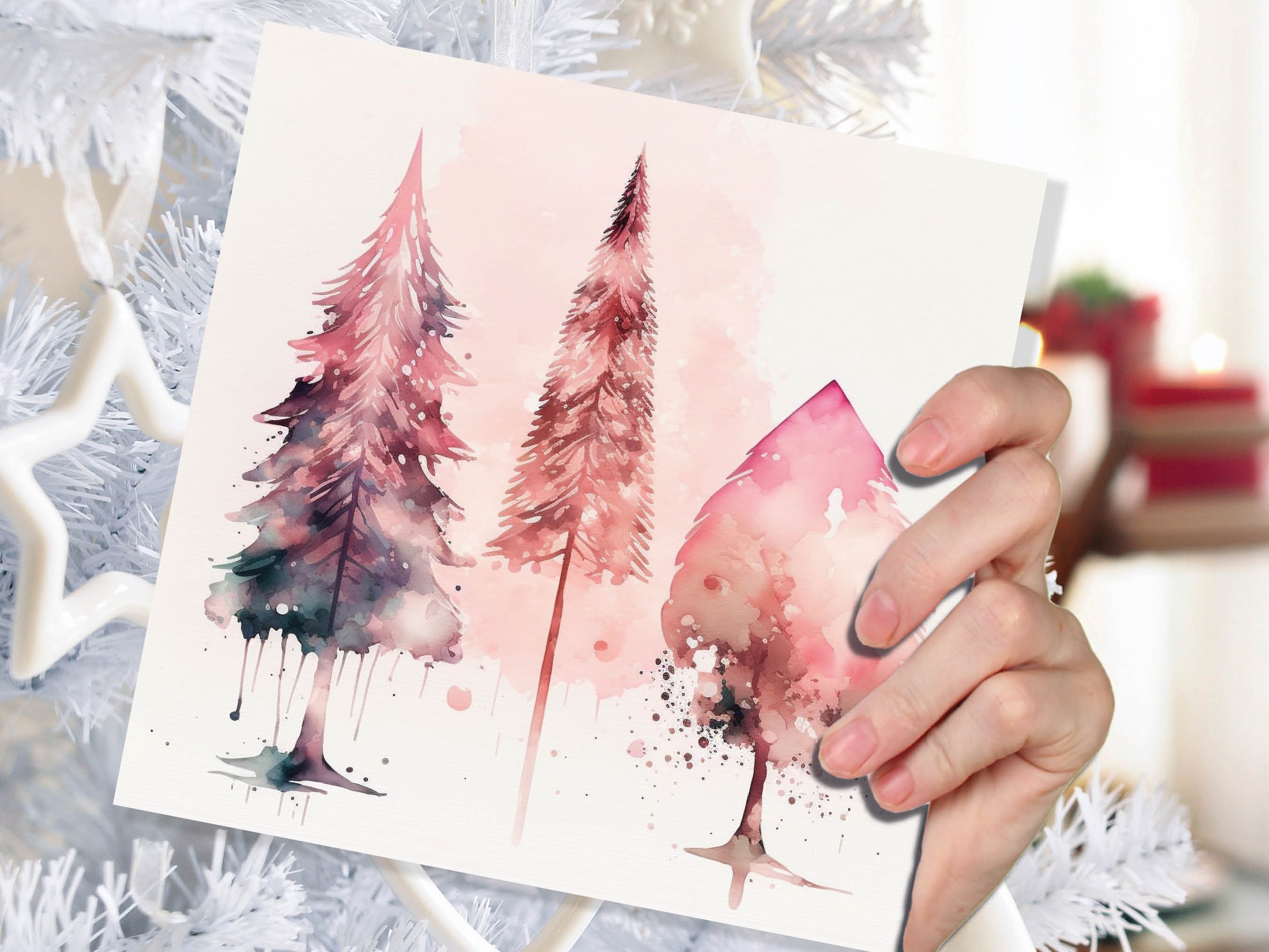Watercolour Christmas Trees Card Beautiful Pink Messy Painting Splashes Modern Elegant Fir Tree Greetings Cards For Family Friends Xmas 2025 - View 4
