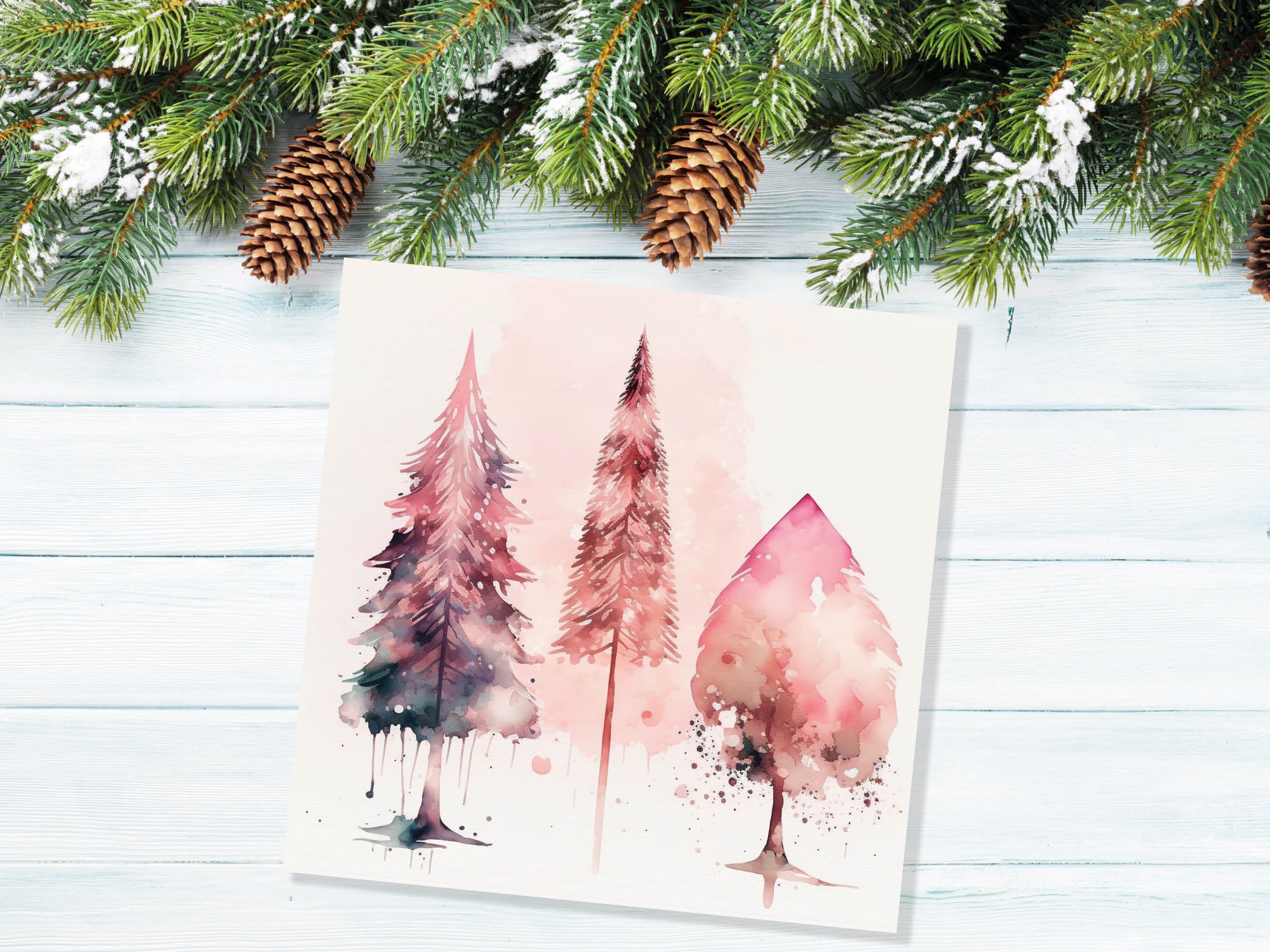 Watercolour Christmas Trees Card Beautiful Pink Messy Painting Splashes Modern Elegant Fir Tree Greetings Cards For Family Friends Xmas 2025 - View 6