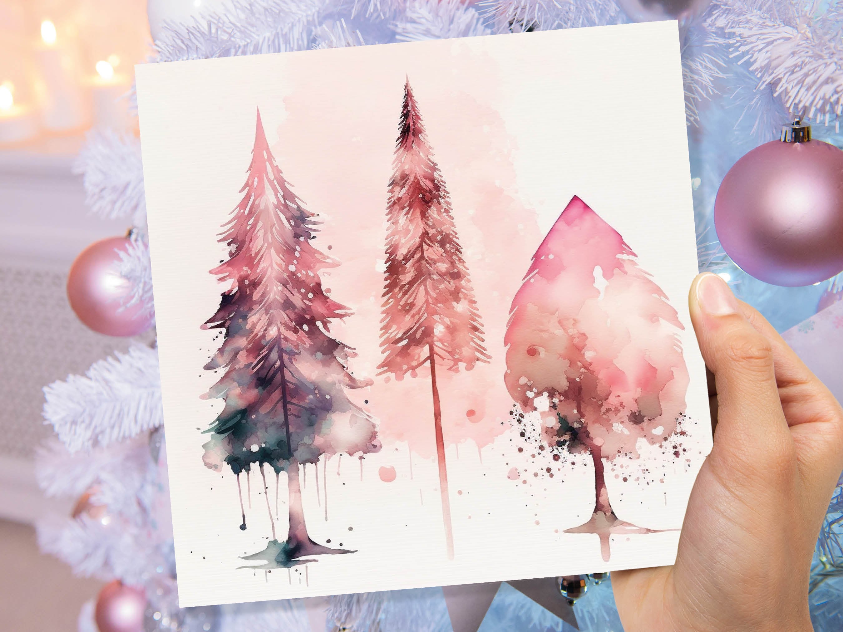 Watercolour Christmas Trees Card Beautiful Pink Messy Painting Splashes Modern Elegant Fir Tree Greetings Cards For Family Friends Xmas 2025 - View 3