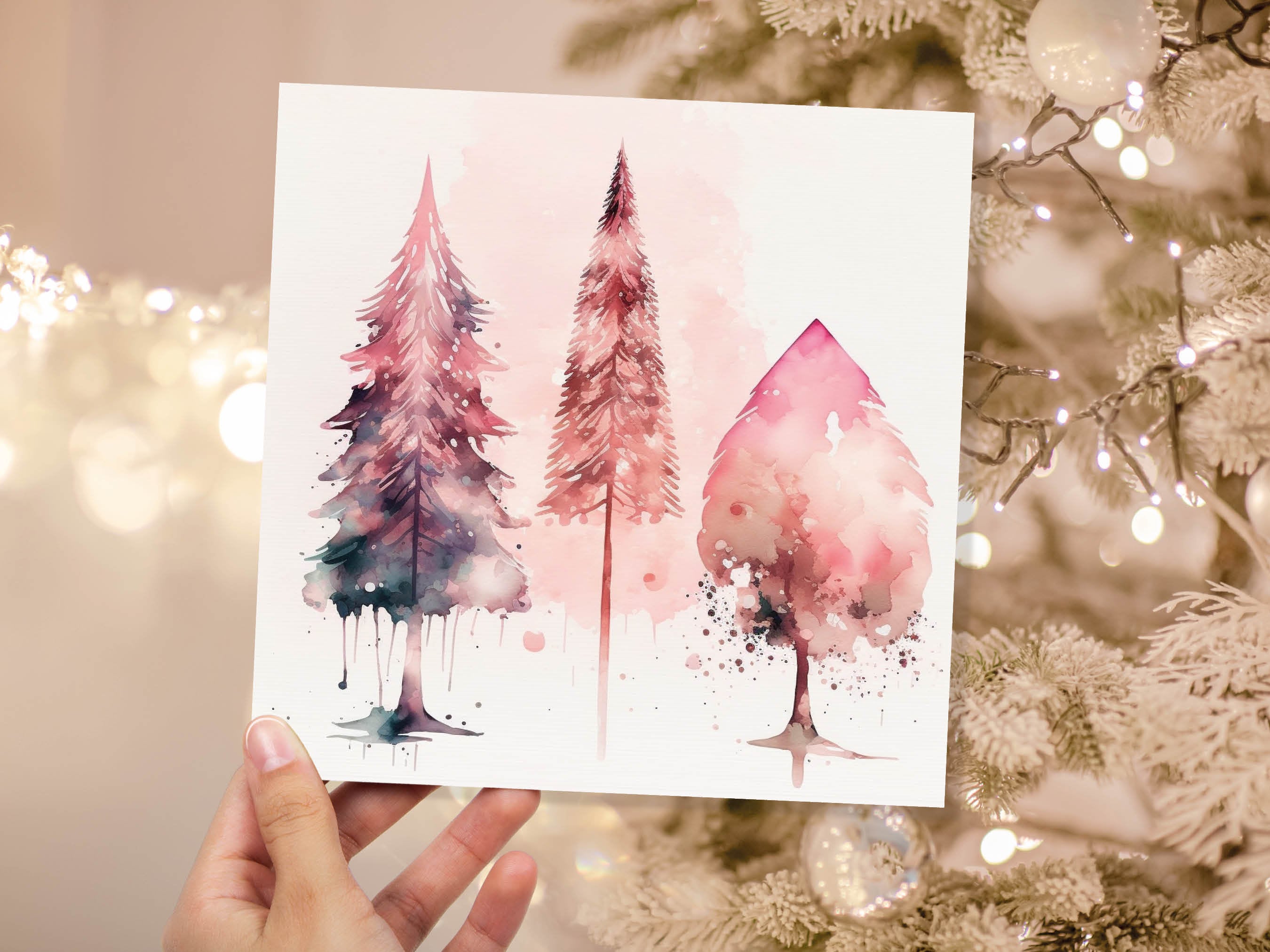 Watercolour Christmas Trees Card Beautiful Pink Messy Painting Splashes Modern Elegant Fir Tree Greetings Cards For Family Friends Xmas 2025 - View 8
