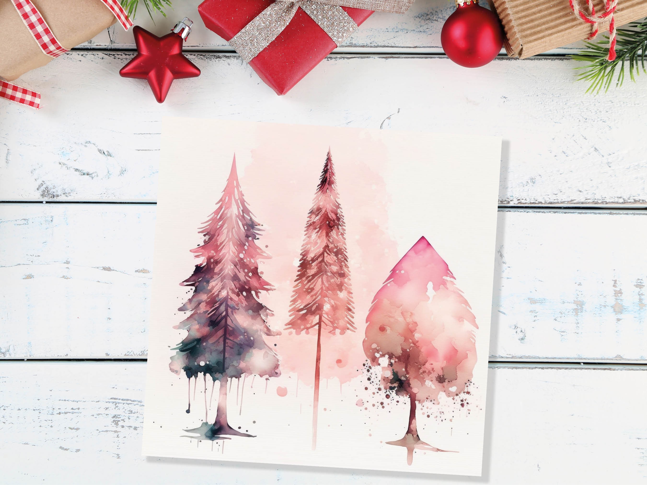 Watercolour Christmas Trees Card Beautiful Pink Messy Painting Splashes Modern Elegant Fir Tree Greetings Cards For Family Friends Xmas 2025 - View 2