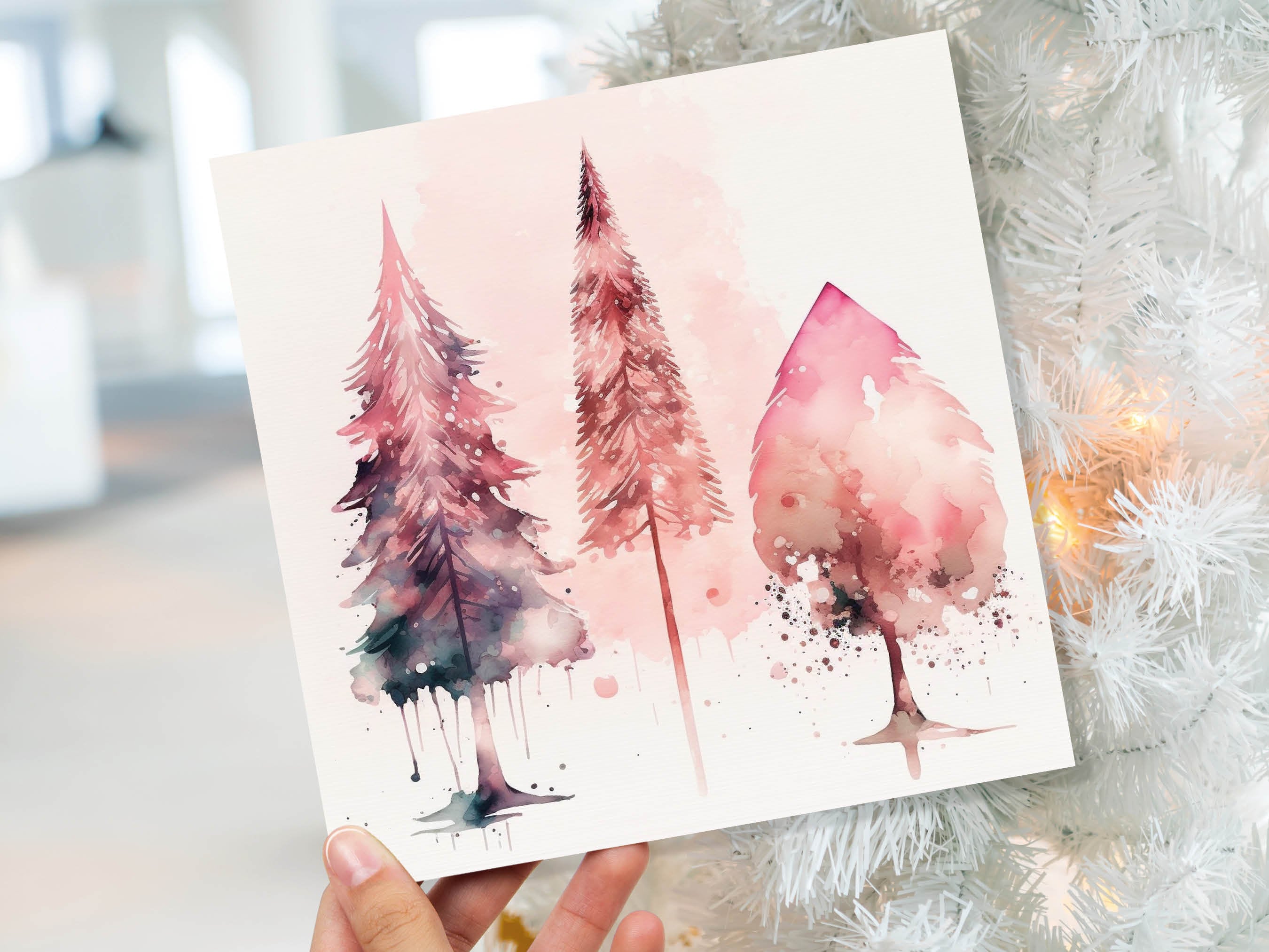 Watercolour Christmas Trees Card Beautiful Pink Messy Painting Splashes Modern Elegant Fir Tree Greetings Cards For Family Friends Xmas 2025