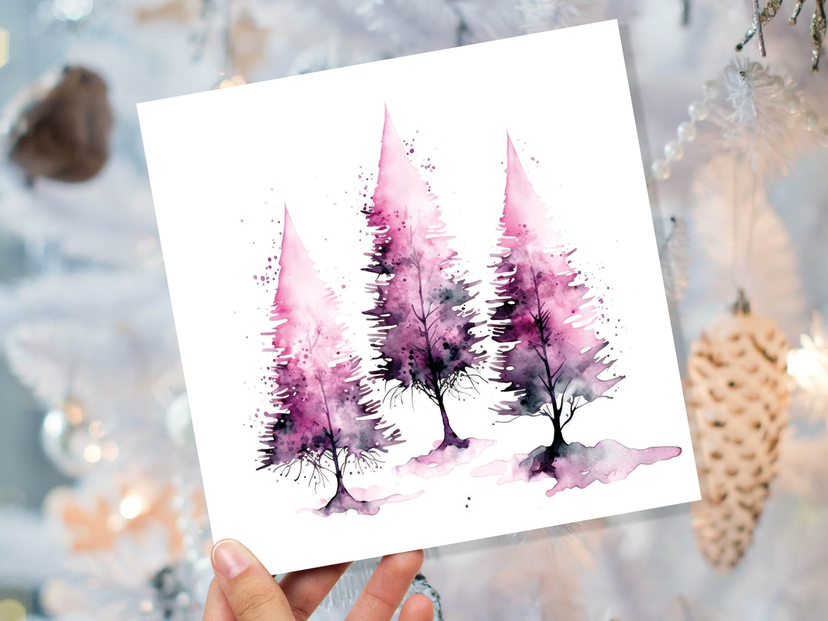 Purple Watercolour Trees Christmas Card Modern Elegant Fir Tree Pink White Simple Ink Painting Greetings Cards For Family Friends Xmas 2025 - View 9