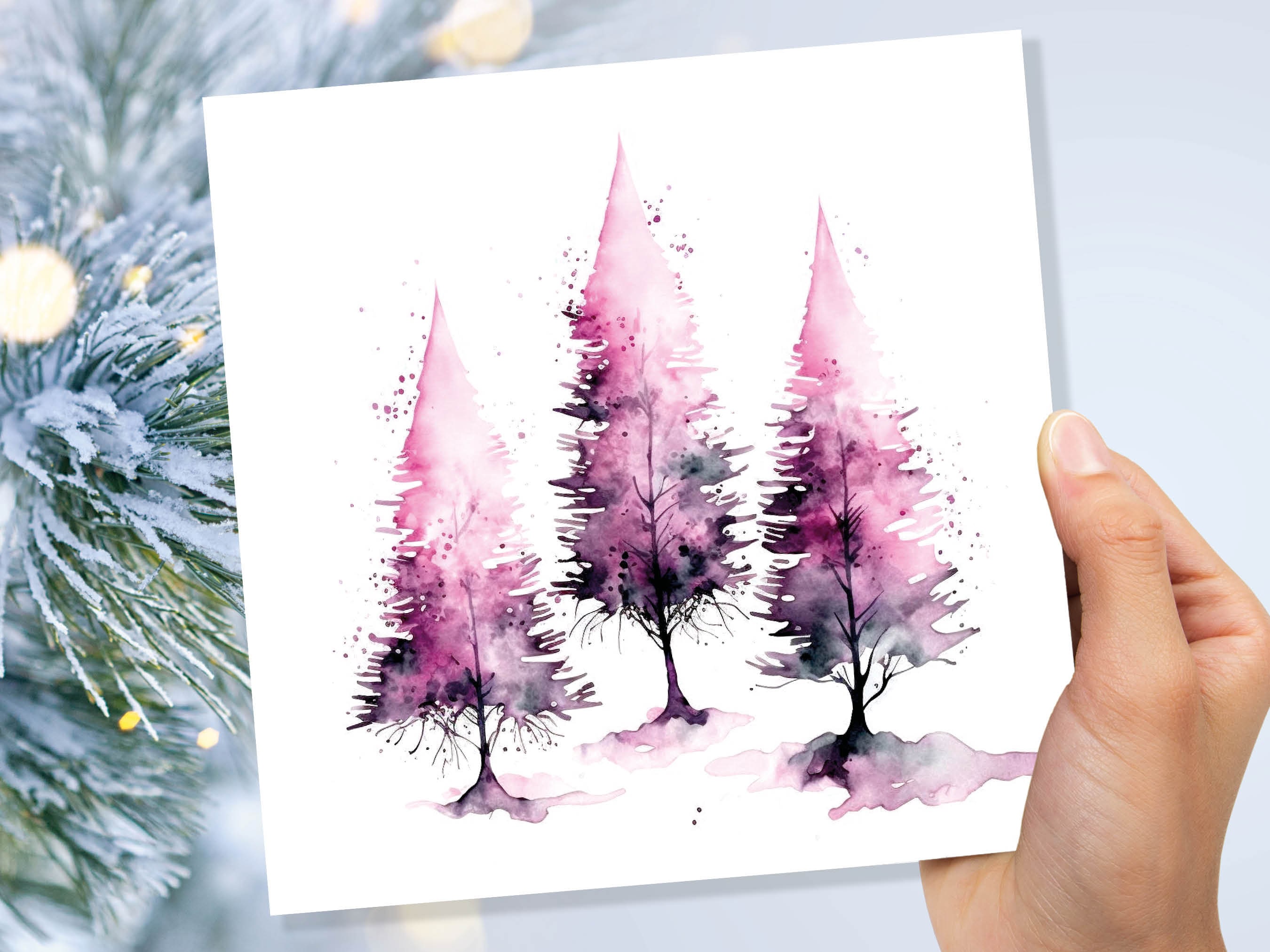 Purple Watercolour Trees Christmas Card Modern Elegant Fir Tree Pink White Simple Ink Painting Greetings Cards For Family Friends Xmas 2025