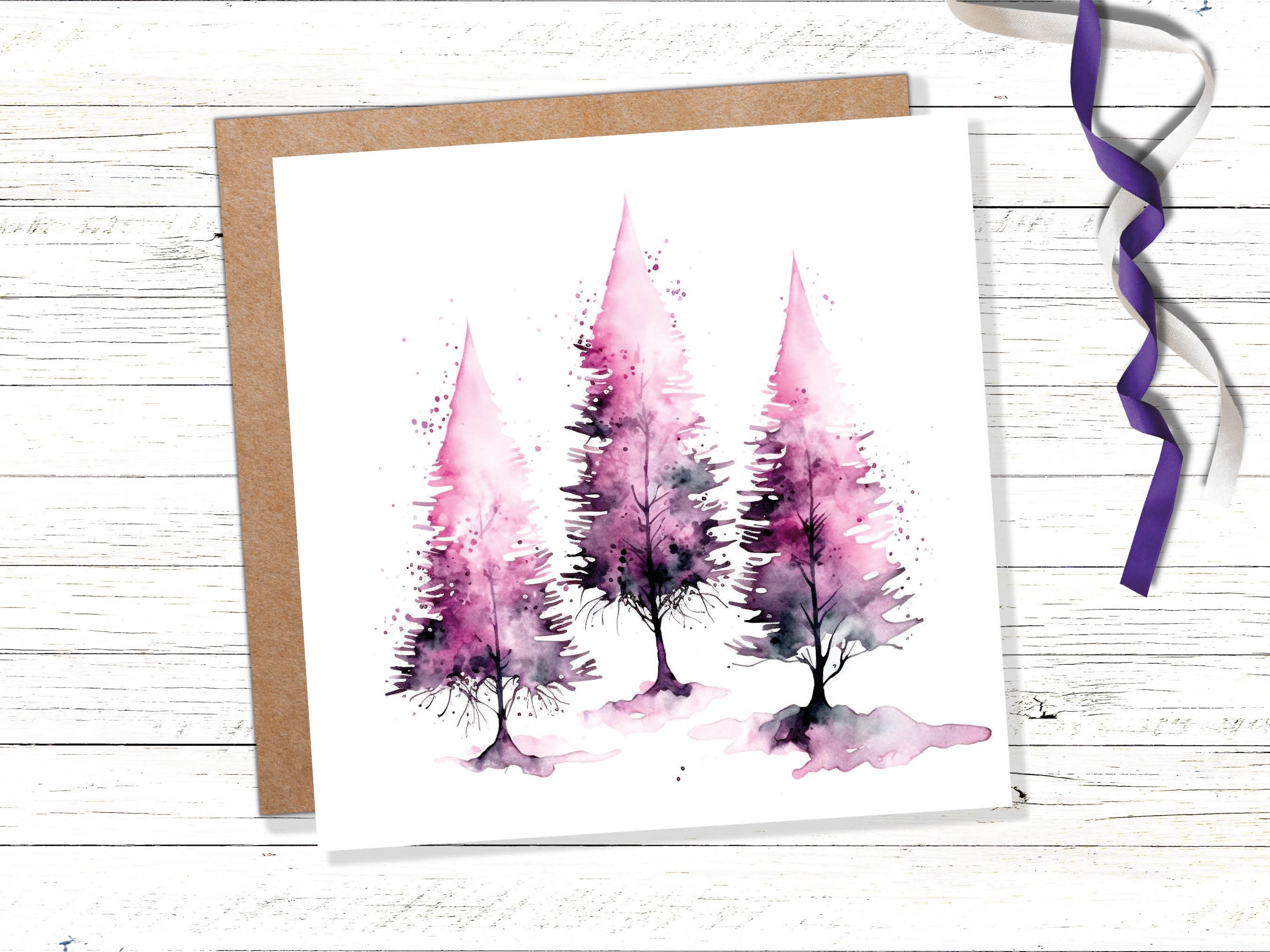 Purple Watercolour Trees Christmas Card Modern Elegant Fir Tree Pink White Simple Ink Painting Greetings Cards For Family Friends Xmas 2025 - View 2