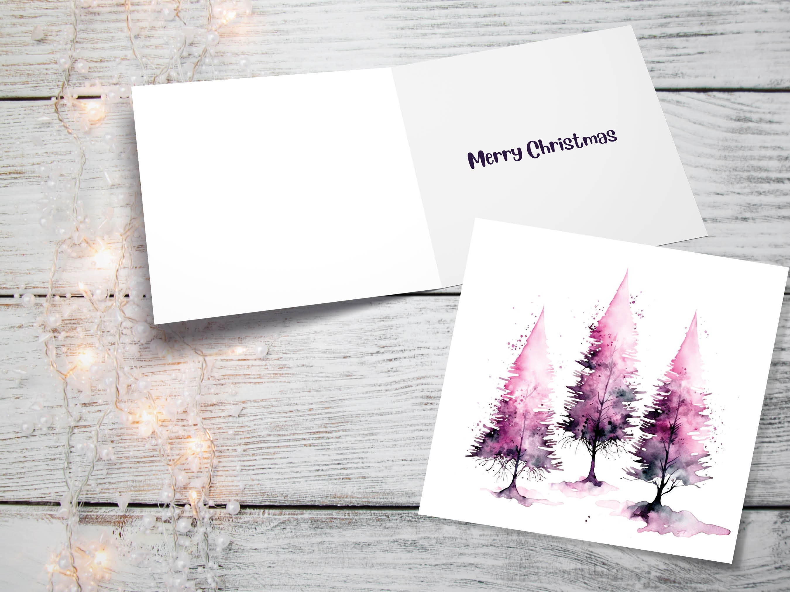 Purple Watercolour Trees Christmas Card Modern Elegant Fir Tree Pink White Simple Ink Painting Greetings Cards For Family Friends Xmas 2025 - View 10