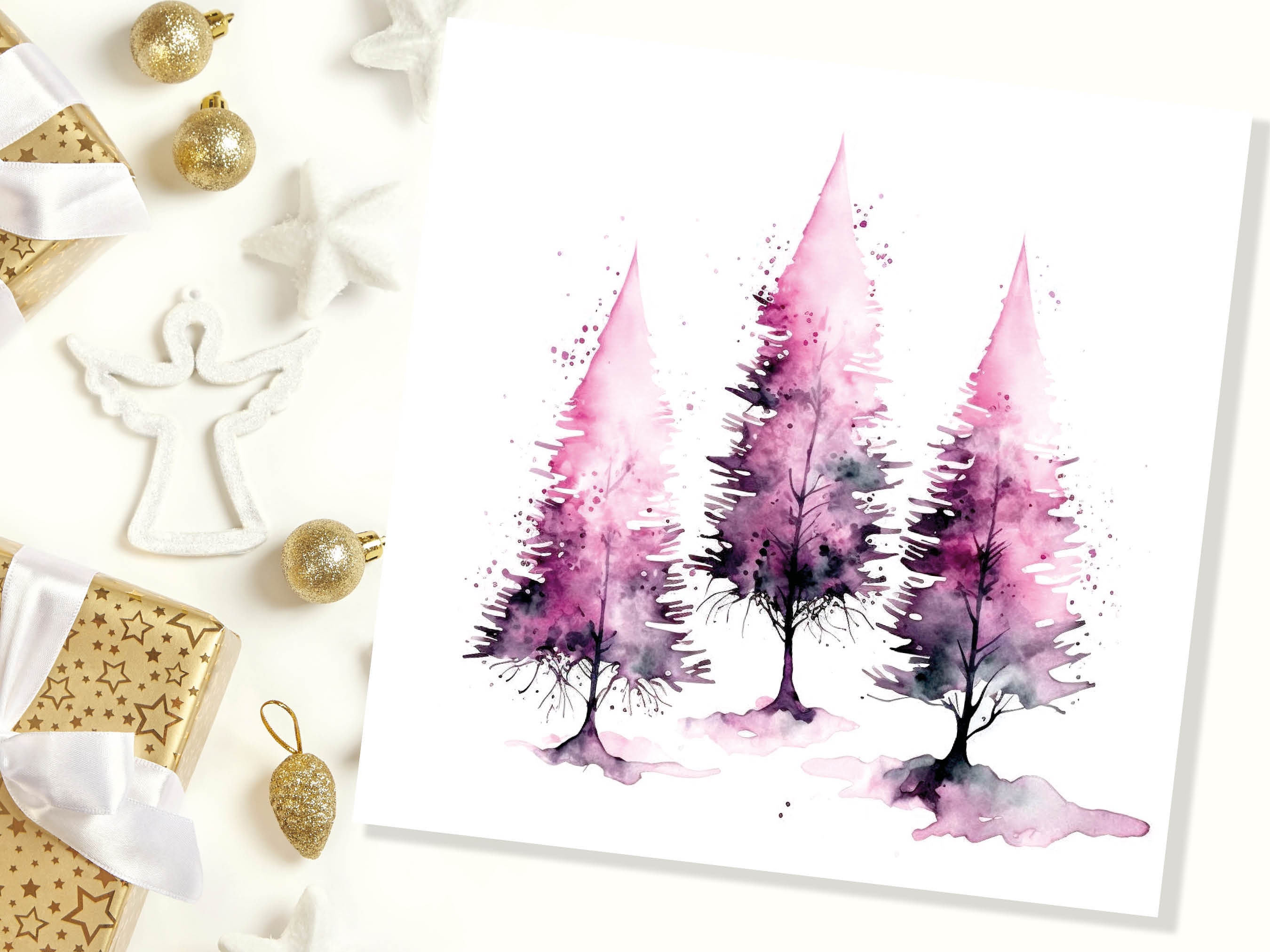 Purple Watercolour Trees Christmas Card Modern Elegant Fir Tree Pink White Simple Ink Painting Greetings Cards For Family Friends Xmas 2025 - View 6