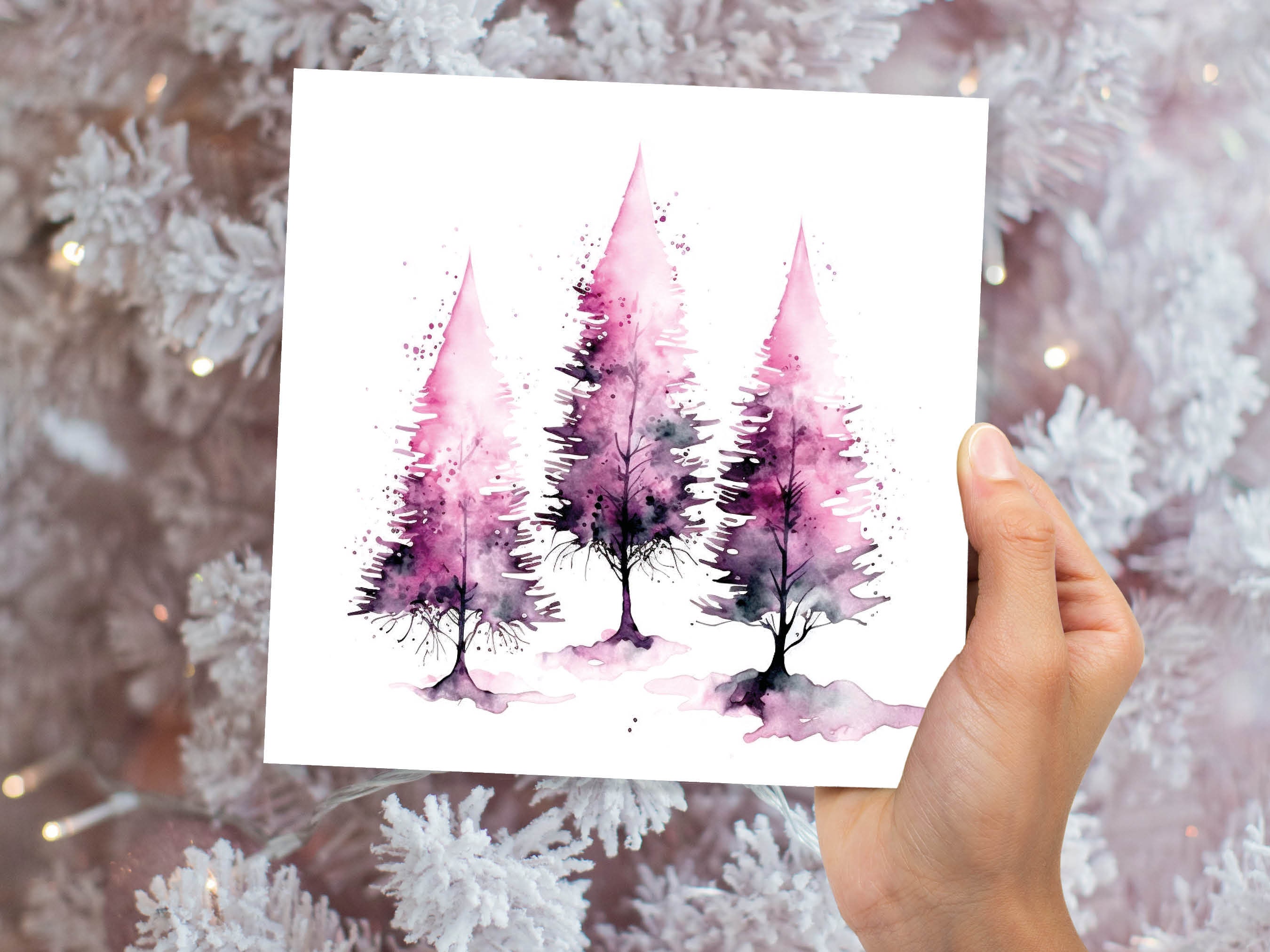 Purple Watercolour Trees Christmas Card Modern Elegant Fir Tree Pink White Simple Ink Painting Greetings Cards For Family Friends Xmas 2025 - View 4