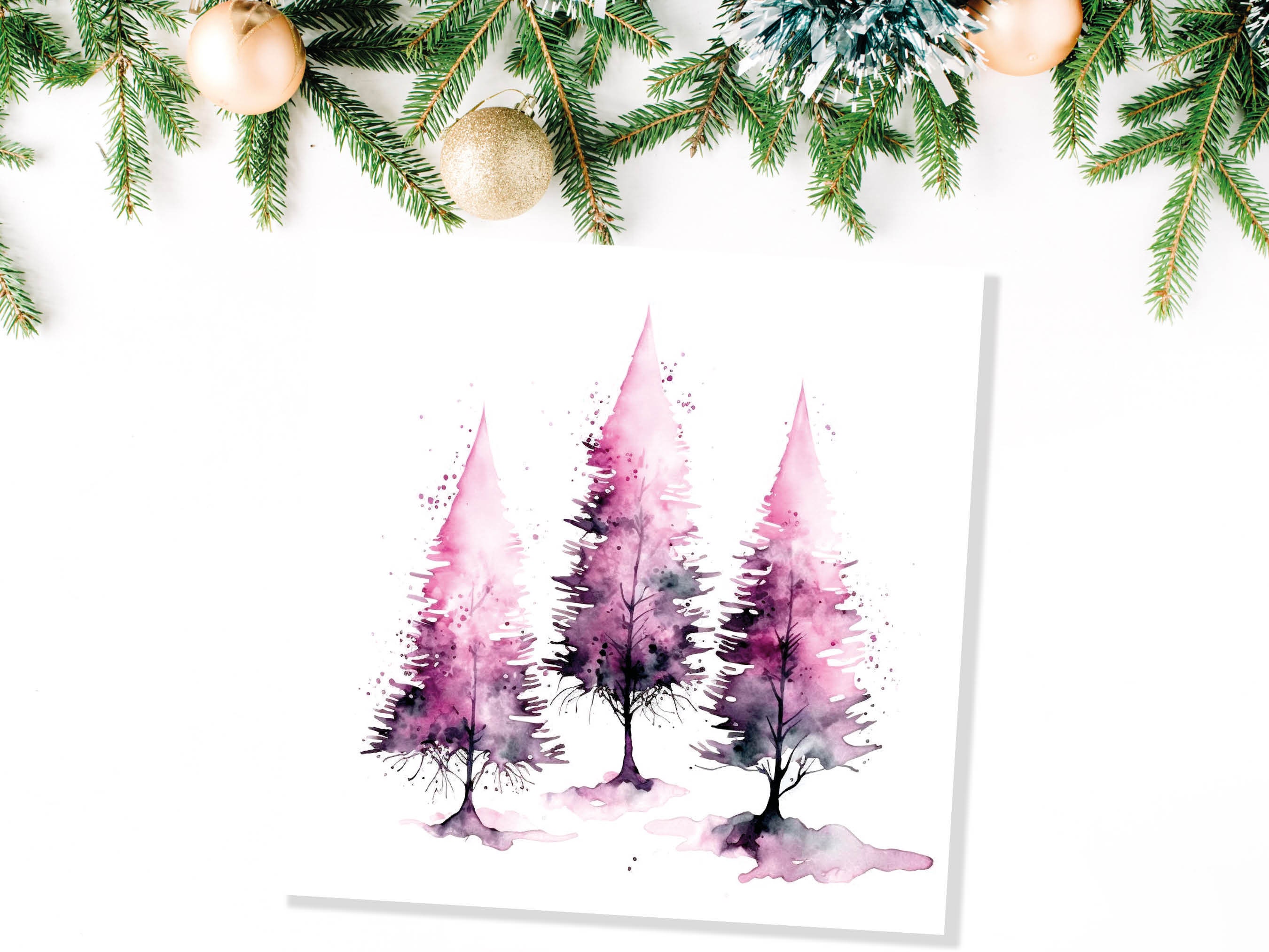 Purple Watercolour Trees Christmas Card Modern Elegant Fir Tree Pink White Simple Ink Painting Greetings Cards For Family Friends Xmas 2025 - View 8