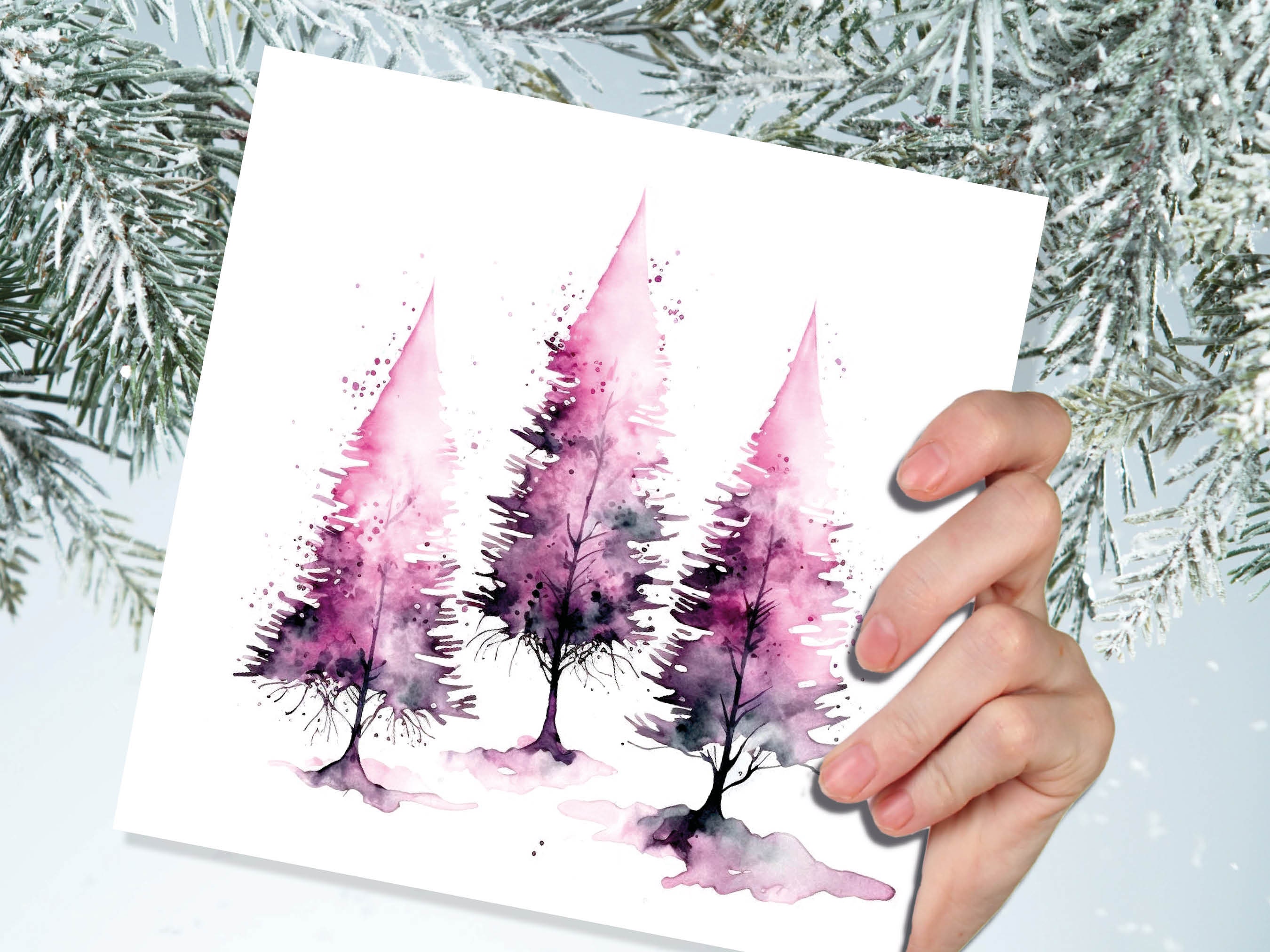 Purple Watercolour Trees Christmas Card Modern Elegant Fir Tree Pink White Simple Ink Painting Greetings Cards For Family Friends Xmas 2025 - View 7