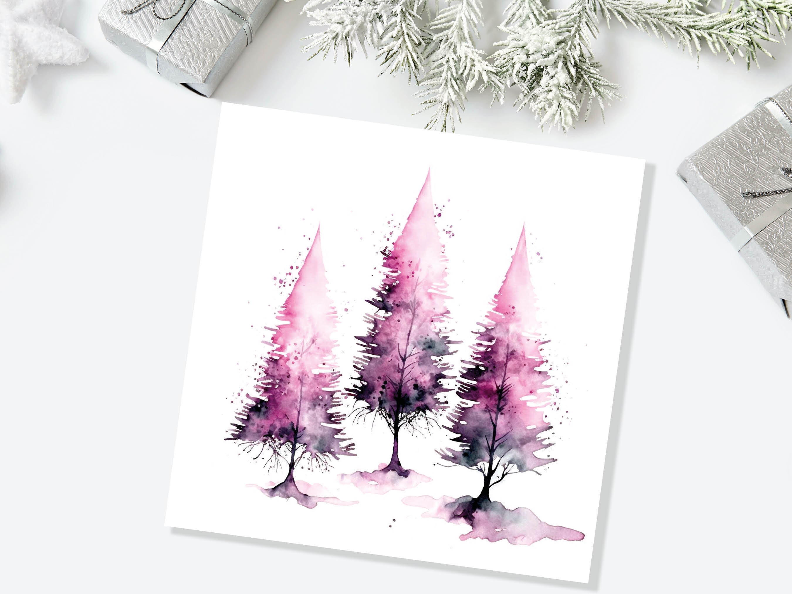 Purple Watercolour Trees Christmas Card Modern Elegant Fir Tree Pink White Simple Ink Painting Greetings Cards For Family Friends Xmas 2025 - View 5