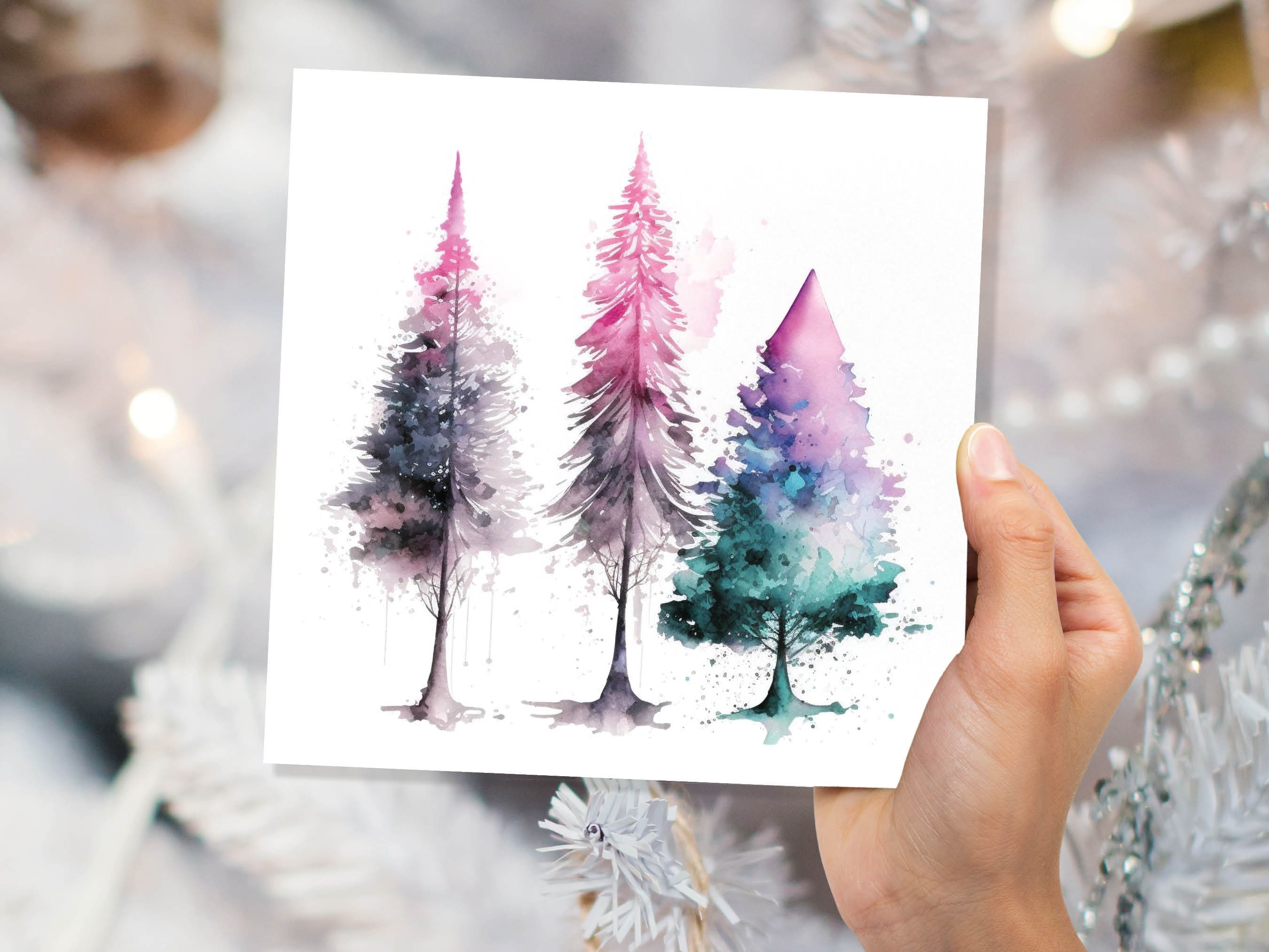 Messy Watercolour Trees Christmas Card Teal Purple Pink Green Modern Elegant Fir Tree Painting Greetings Cards For Family Friends Xmas 2025 - View 3